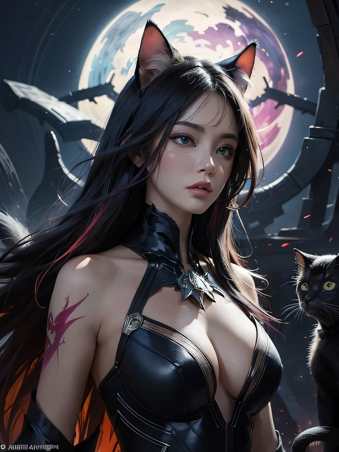 vibrant colours, group of cats, huge marvel style scene art by Carne Griffiths and Wadim ashin, abstract beauty, centered, looking at the camera, approaching perfection, dynamic, moonlight, highly detailed, oil painting, artstation, concept art, smooth, sharp focus, illustration, white background