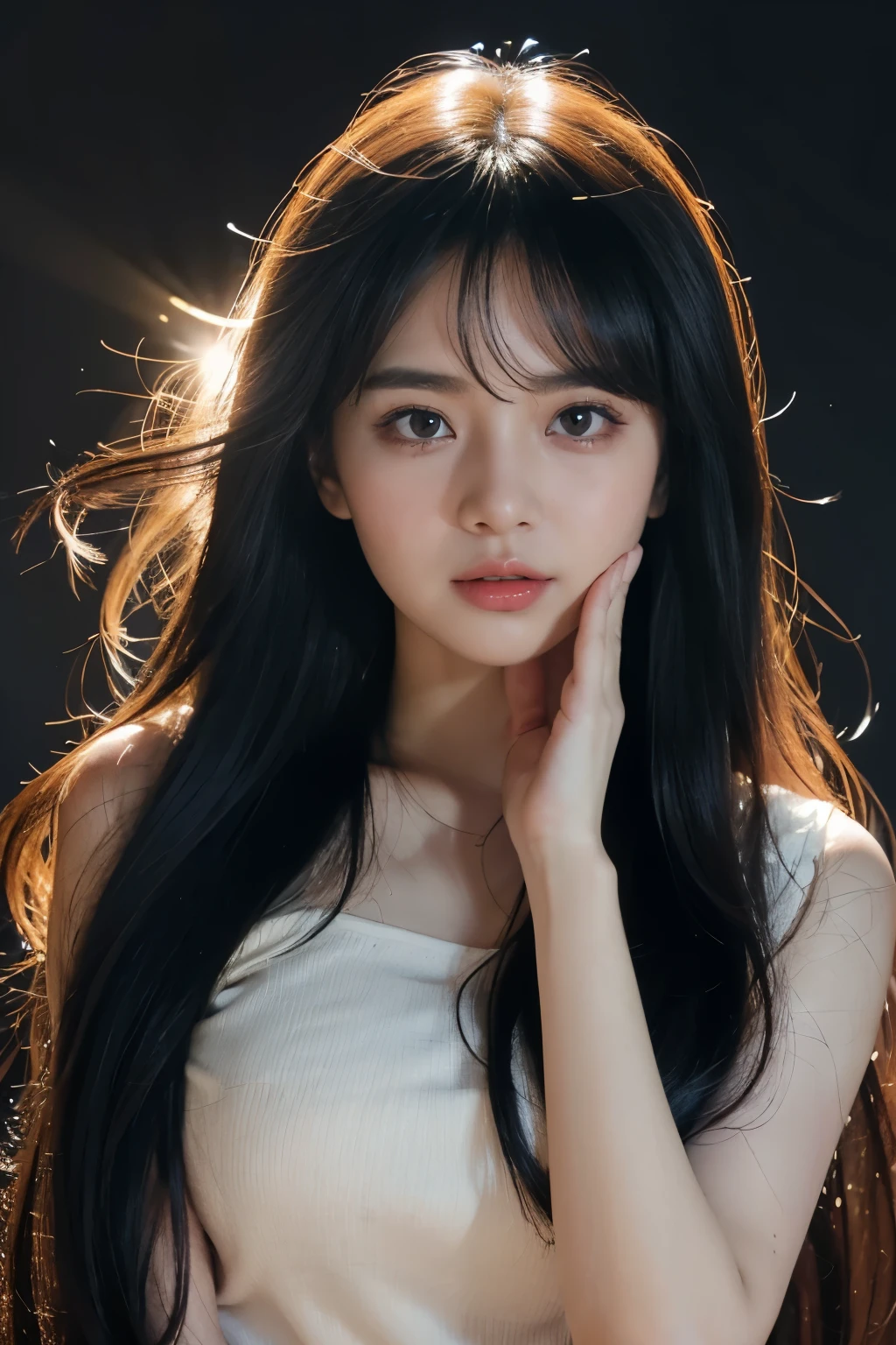 ((crying , tears, embarrassed, blush):1.1), look at camera, uniform school,close up, potrait, masterpiece, big breast, Best quality at best, high qulity, OLGA_mary, black hair, long hair, hair between eye,Very long hair, black background, yellow light rim