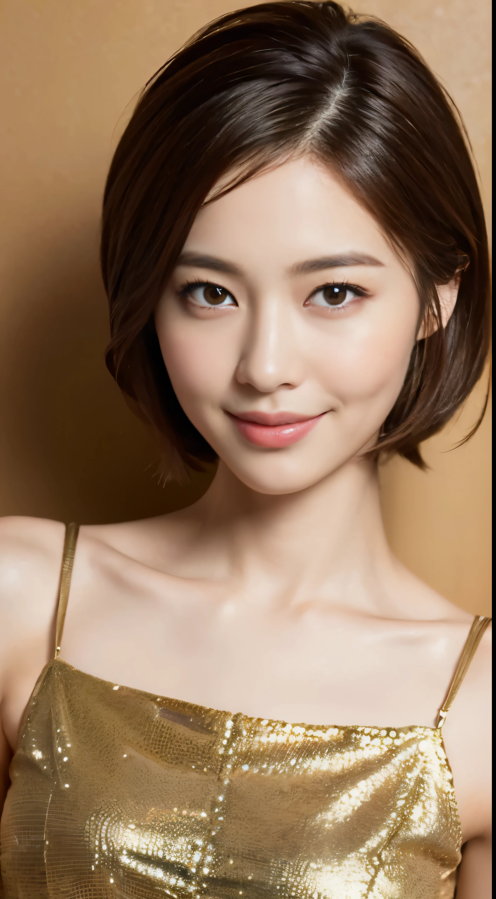 ((highest quality, 8K, masterpiece: 1.3)), 1 girl, The beauty of slim abs: 1.3, (Hairstyle brown hair short cut, big: 1.2), dress: 1.1, super slender face, delicate eyes, double eyelid, smile, Home, RAW photo