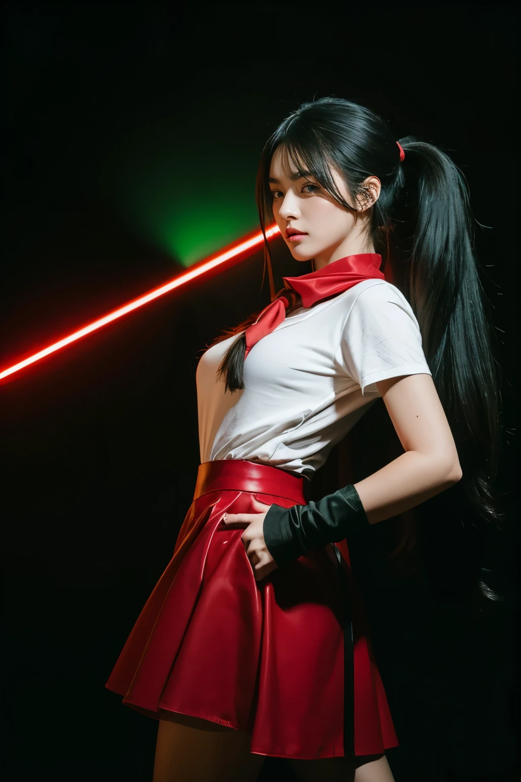 masterpiece,  school, pony tail hair, Best quality at best, high qulity, OLGA_mary, black hair, long hair, hair between eye, red ascot, red skirt, Very long hair, cow boy shot, black background, green light rim