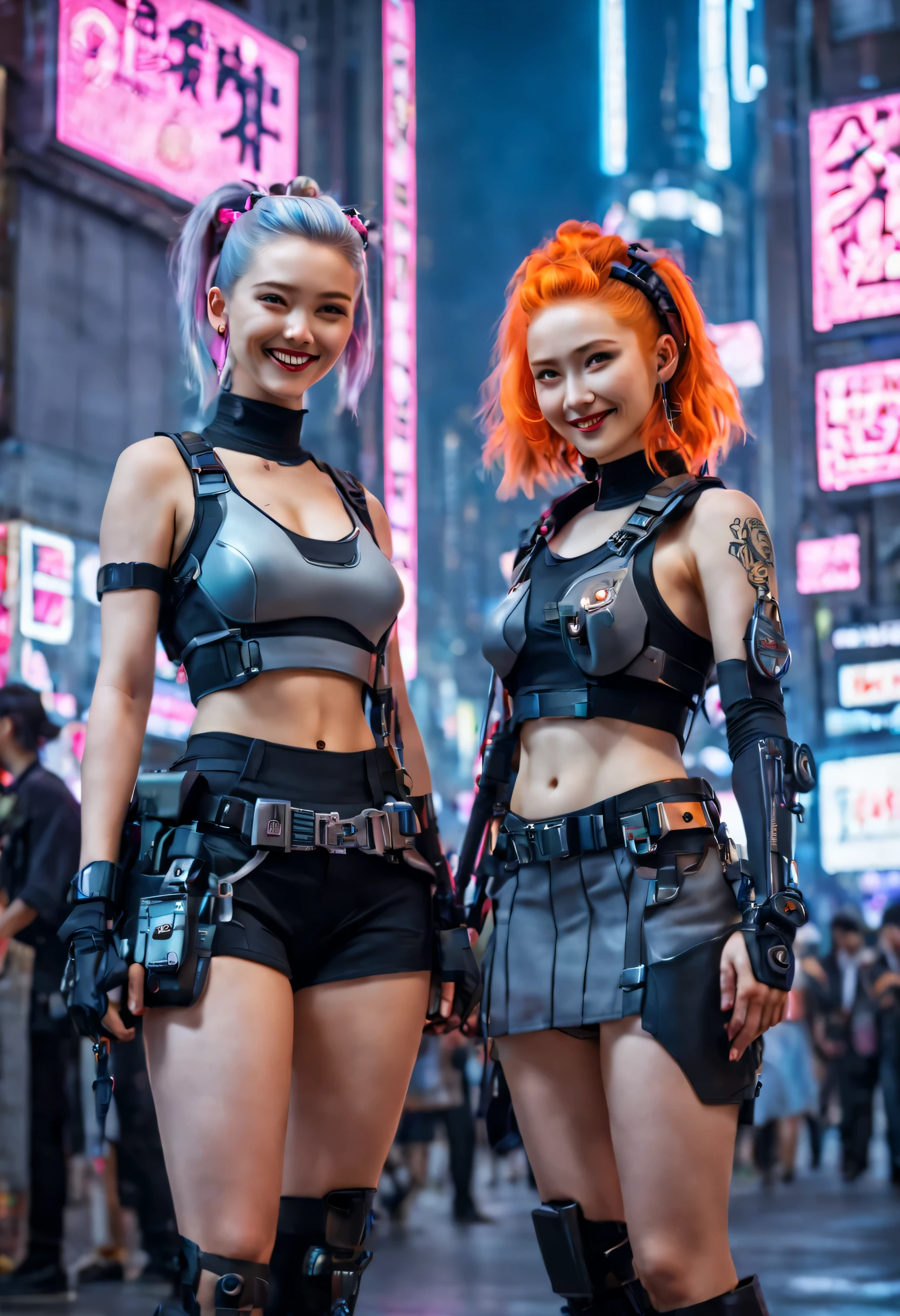 masterpiece, best quality, ((smiling)) cyberpunk girls standing, having grey and grey uniform and black long skirt, Harajuku-inspired cyberpunk body harness, bold colors and patterns, eye-catching accessories, trendy and innovative hairstyle with baroque influence, dazzling Cyberpunk cityscape, skyscrapers, glowing neon signs, LED lights, anime illustration, detailed skin texture, detailed cloth texture, beautiful detailed face, intricate details, ultra detailed, cinematic lighting, strong contrast.