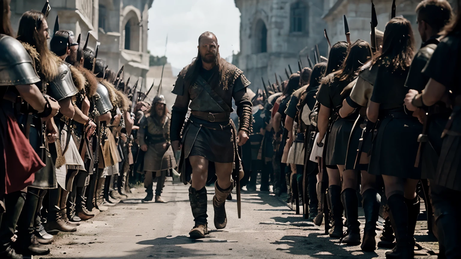 a viking army led by bjorn ironside walking towards king aella who is terrified