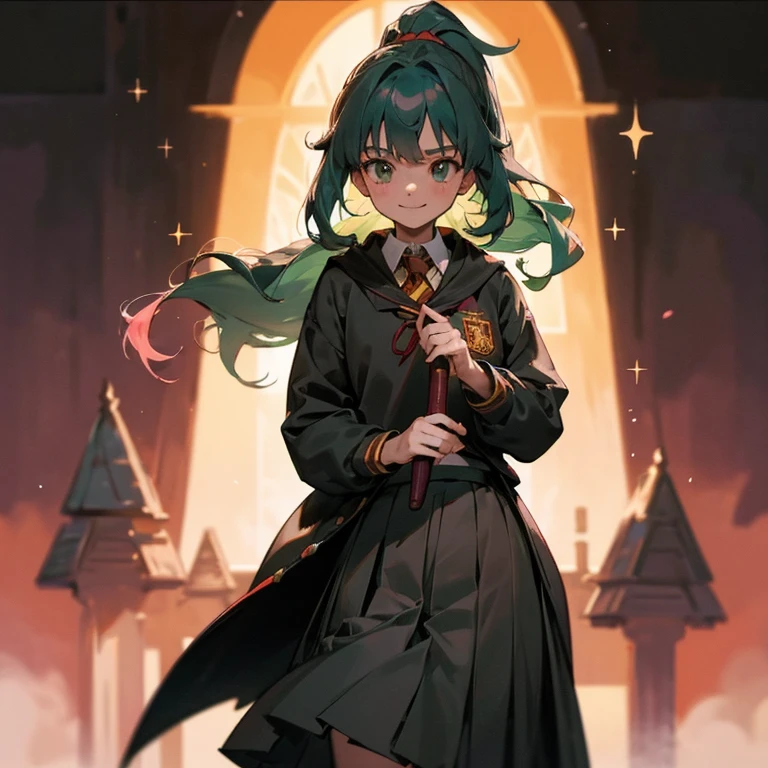 1 girl,18-year-old,solo,human,witch,Hogwarts pupils,green eyes,Sparkling eyes,Blue-green hair,Long ponytail,pink ribbon hair clip,ホグワーツ魔法魔術学校のuniform,Spring clothes,wine-redとイエローの斜めストライプのネクタイ,gray pleated skirt,blackいハイソックス,blackいローファー,gray sweater,blackくて裏がwine-redのwitchローブのアウター,gryffindor emblem,uniform,Are standing,use magic,cute,Honor Students,Gryffindor Dormitory,red,wine-red,black,tall,like hermione granger,magic of light,Stacked books,Brave girl,smile,kind,I&#39;m in a mysterious place,universe,star,nature,Filled with plants,looking at the camera,front light,high resolution,high quality