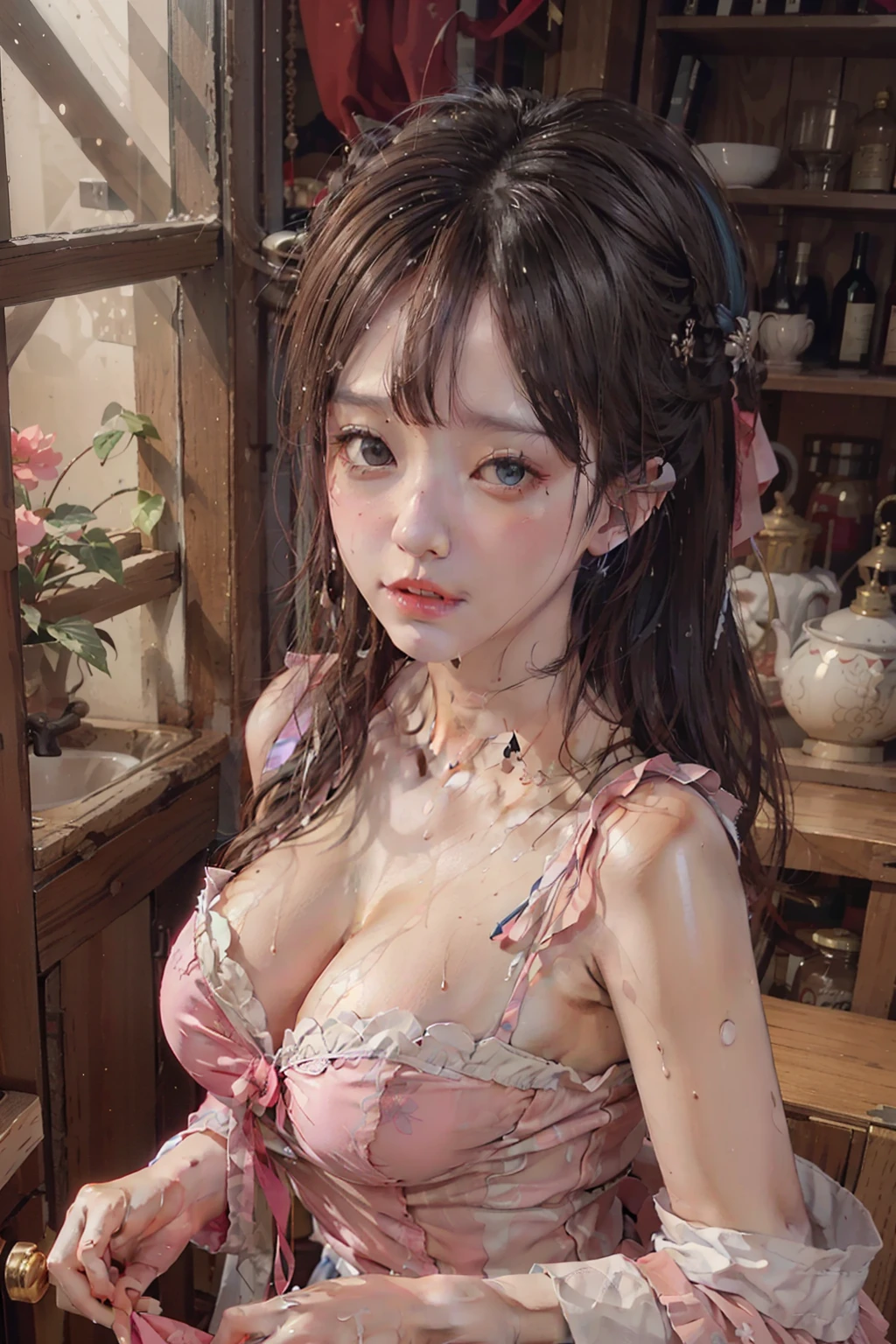 Wet-breasted Hanfu open V-chested clothes, All pictures, Wet body of thin silk fabric, Thin silk lace petticoat,princess 8 ald old cute, (huge ,cleavage),petticoat, white pink, blue ,best qualtiy,tmasterpiece,超高分辨率,(真实感:1.4),RAW photogr,(True skin texture:1.3),(filmgrain:1.3),(Selfie angle),1个Giant Breast Girl,Beautiful eye and face details,tmasterpiece,Best quality at best,exposing thighs,Bigchest,The chest is more exposed,detailed hair,above looking down facing at camera,short dress