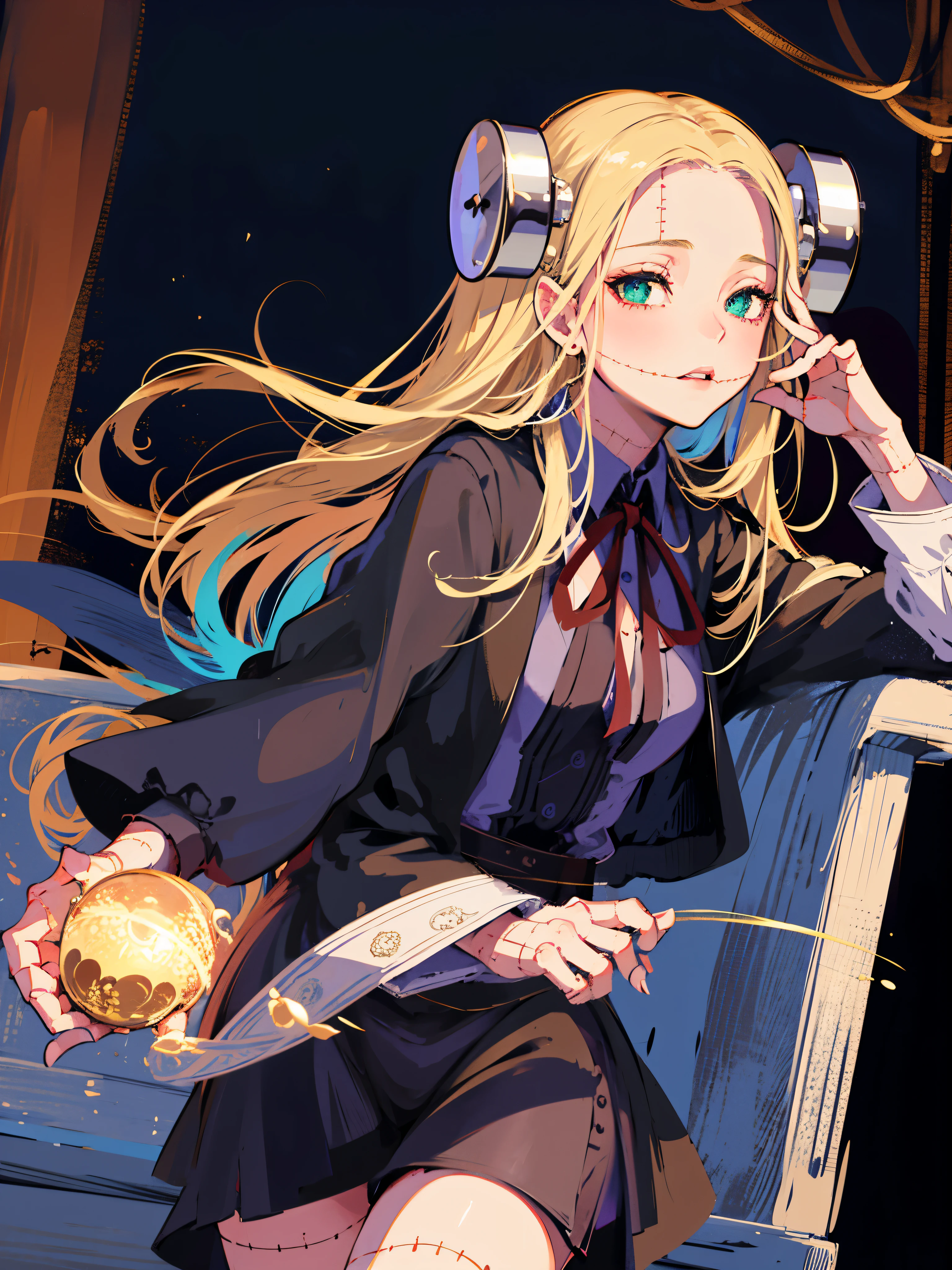 ((masterpiece, best quality)), (1girl), (solo), (female focus), (ash blonde hair, long hair, hair over one eye), green eyes, sad eyes, cold facial expression, cold look, pale skin, colour grading, dark illustration, extreme quality, radiant, extremely detailed, ultra-detailed face, ultra hd 8k, ultra digitality, mythical, dark lightning, perfect face, beautiful, (perfect composition: 1. 4), detailed face and body, award-winning photography , fields, detailed face, detailed hands, looking at the viewer, cinematic lighting, embers, (necromancer), (villain), (masterpiece, best quality, ultra-detailed, best shadow), (beautiful detailed face, feminine features), (best illumination), ((cinematic light)), colorful, hyper detail, dramatic light, intricate details, (dark circle under eyes), gothic, decadence, stunning, eerie, (madaraki fran)