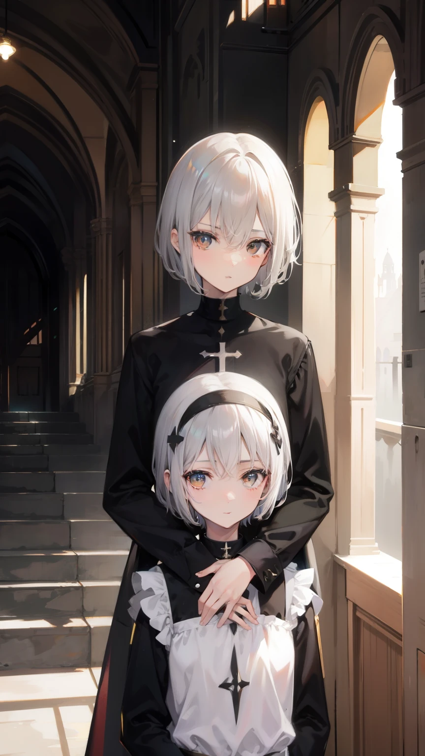 Highest image quality,Twin girls,gray hair,very short hair,short hair,golden eyes,Stinking eyes,brown skin,brown skin,black skin,sunburn,slender,Glossy skin,sister,nun,monastic clothes,church
