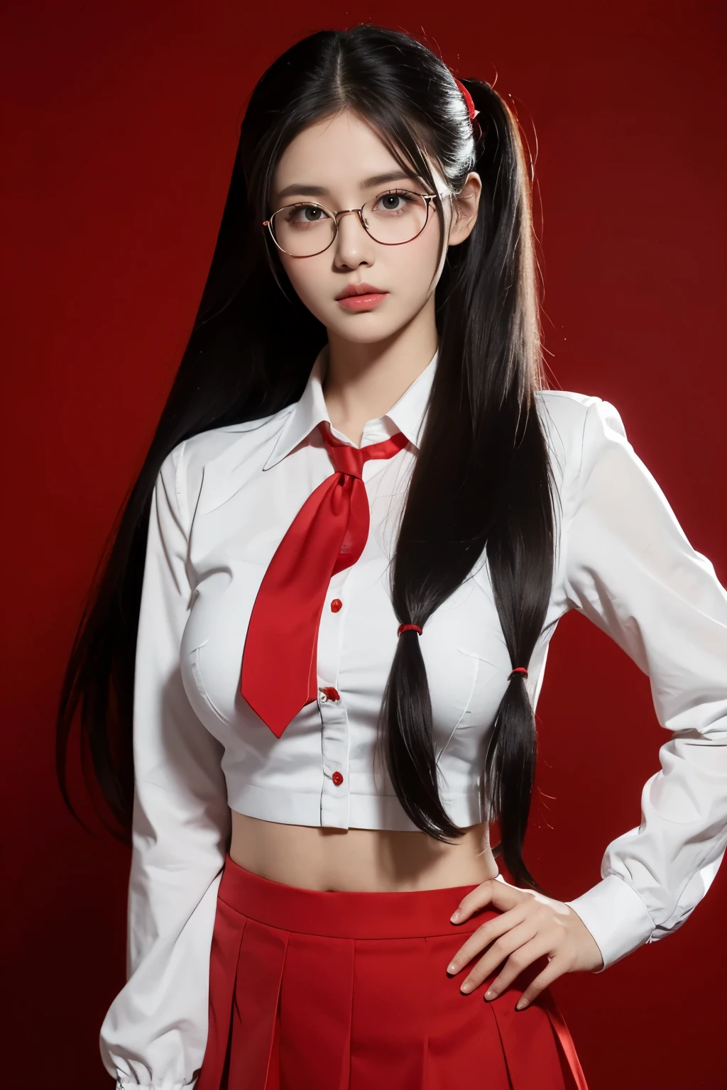 masterpiece,glasses, busty, school, Best quality at best, high qulity, OLGA_mary, black hair, twintail hair, hair between eye, red ascot, red skirt, Very long hair, cow boy shot, black background, red light rim