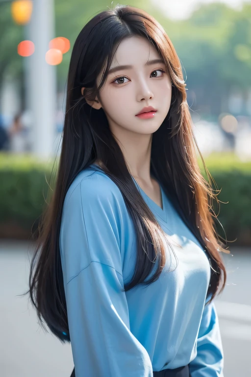 a close up of a woman with long hair and a blue shirt, a picture inspired by Yanjun Cheng, tumblr, digital art, soft portrait shot 8 k, ulzzang, beautiful soft lighting, korean girl, jinyoung shin, beautiful south korean woman, jaeyeon nam, cute korean actress, dilraba dilmurat, 8k artgerm bokeh