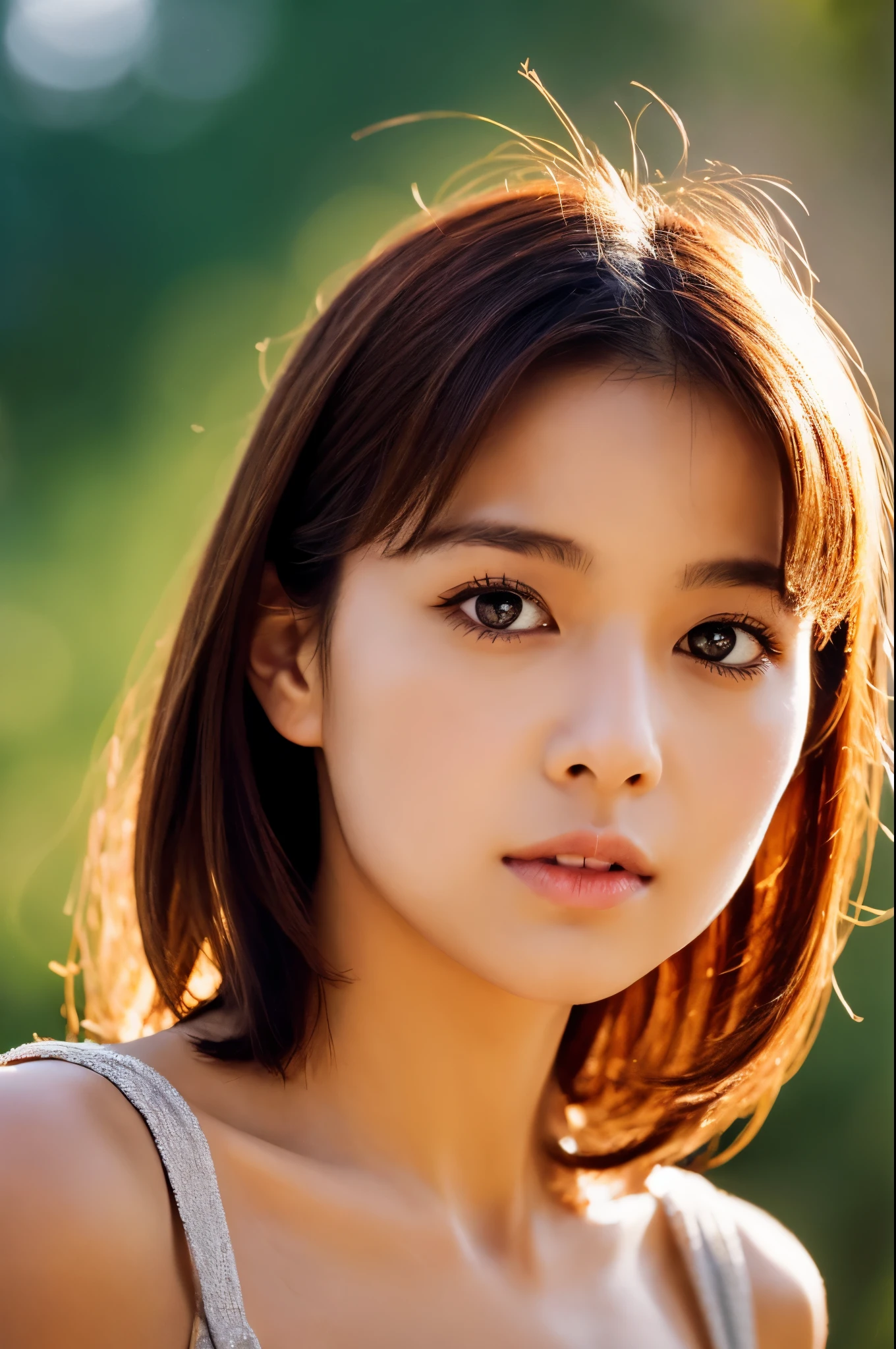 movie, film portrait photography, 1 girl, bare shoulders, wavy shoulder-length hair, calm, Calm, (realistic detailed eyes, natural skin texture, realistic facial details), soft and dramatic lighting, Depth of bounds written, Bokeh, vivid details, in detail, surreal, 35mm film, hazy blur