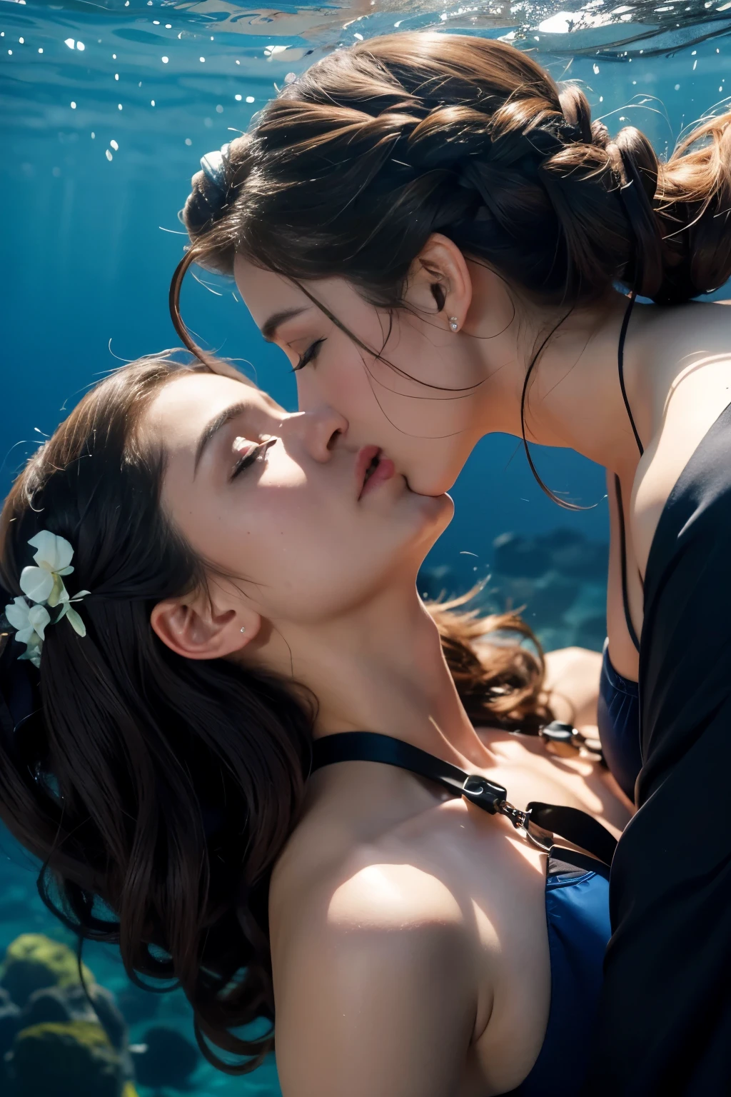 Padme Amidala and Leia being handcuffed and chained at the bottom of the ocean, have padme start to drown and leia freaking out, dramatic angle, extreme angle shot, have leia kiss padme, please make them kiss, make it look realistic, sharp focus, professional photography, masterpiece, ultra detailed photograph, high quality, 8k, raw