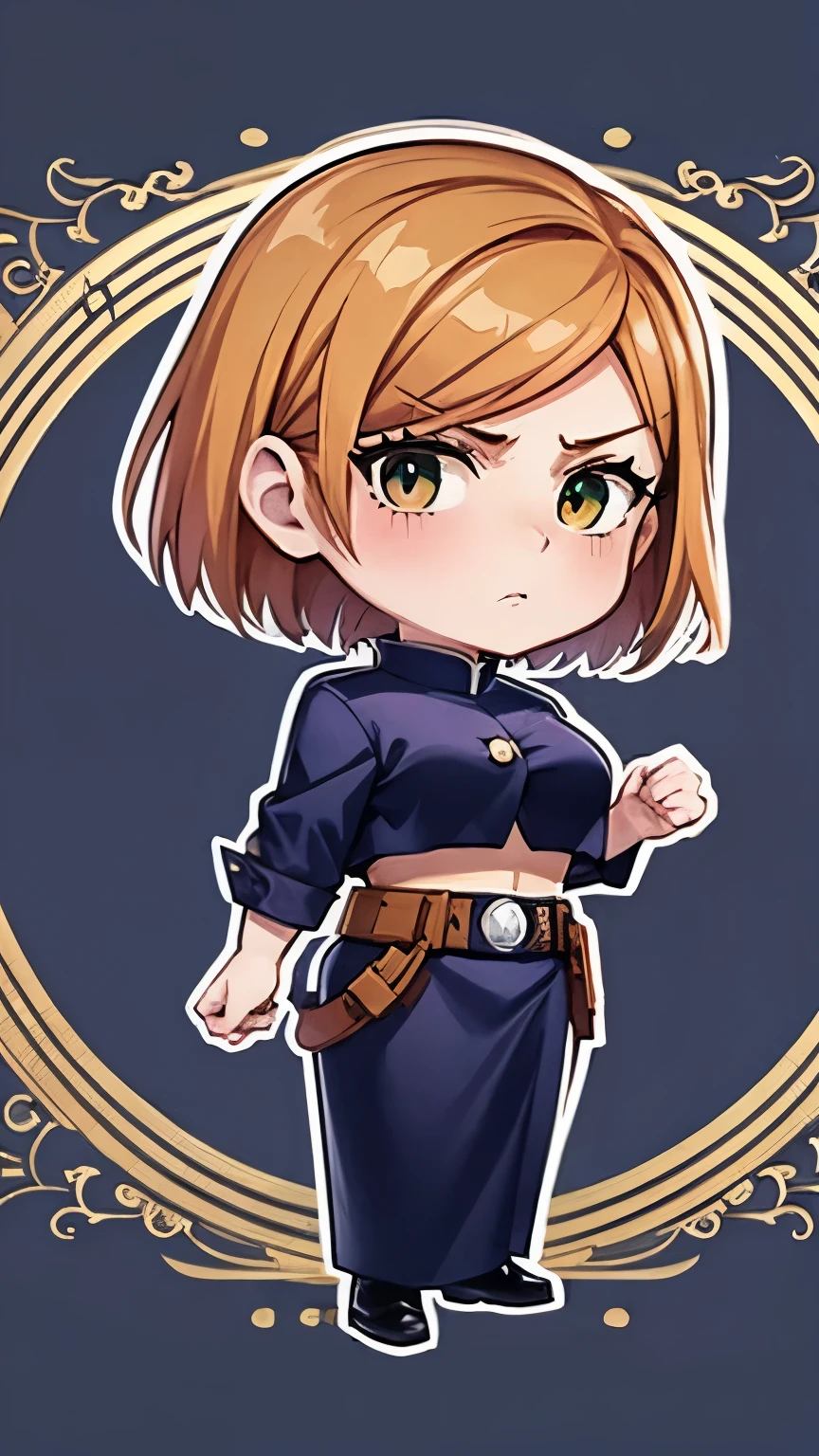 Chibi character pixel art, ((nobara kugisaki)), 1 girl with short brown hair standing, Chibi style, high quality pixel art, Gege Akutami, photography, beautiful, colorful,realistic, masterpieces, top quality, best quality, official art, beautiful and aesthetic.