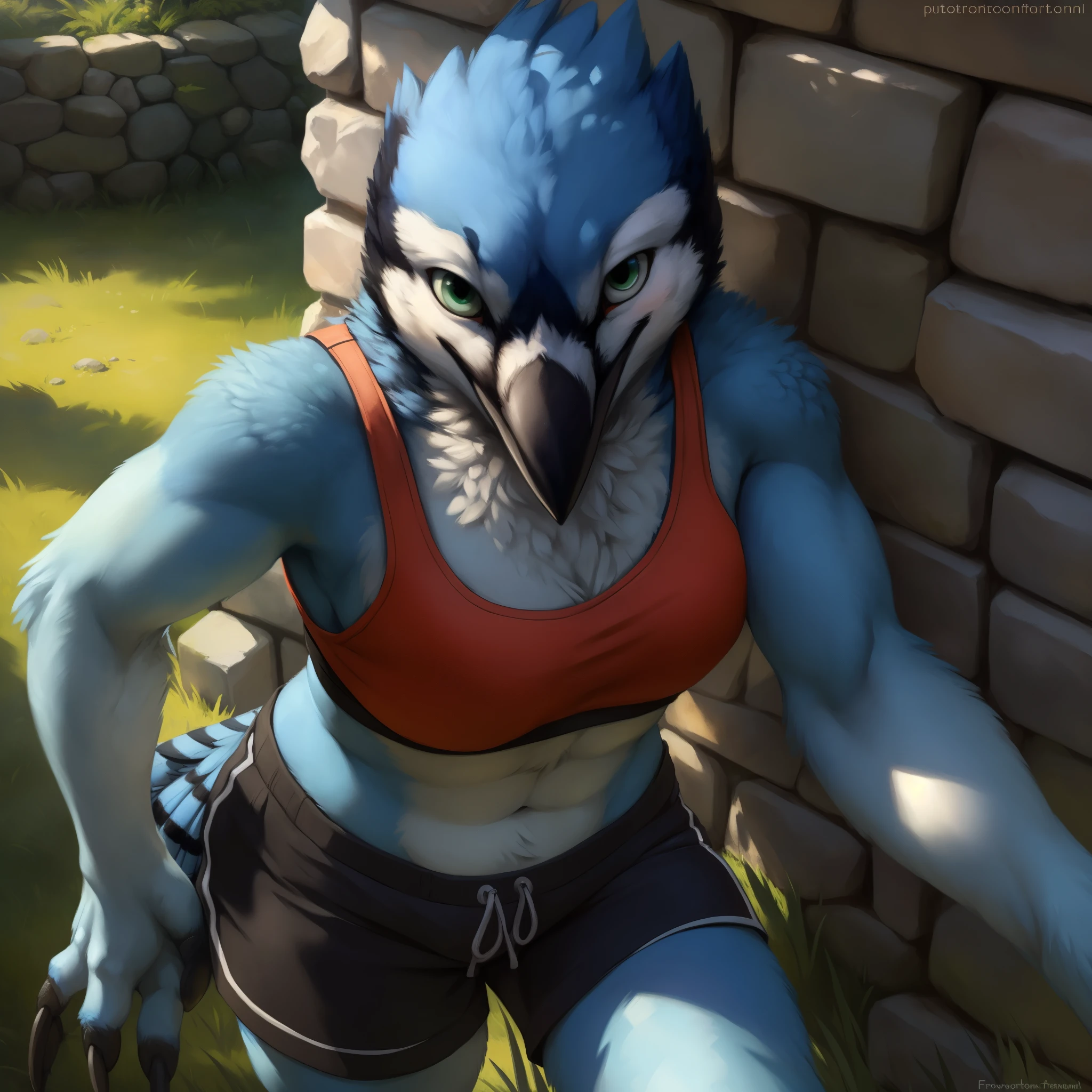 front view, close up view, third person view, stone wall, a beautiful and detailed portrait of a huge female blue bird, (scrub jay, bluejay), bedroom eyes, tail, kenket, Ross Tran,ruan jia, trending on artstation,foxovh, cenematic lighting, vip, body, full body, lookin at viewer, standing, (((stone wall, grass))) happy, blush, big (((red sports bra, black shorts))), covering self, front view, green eyes,