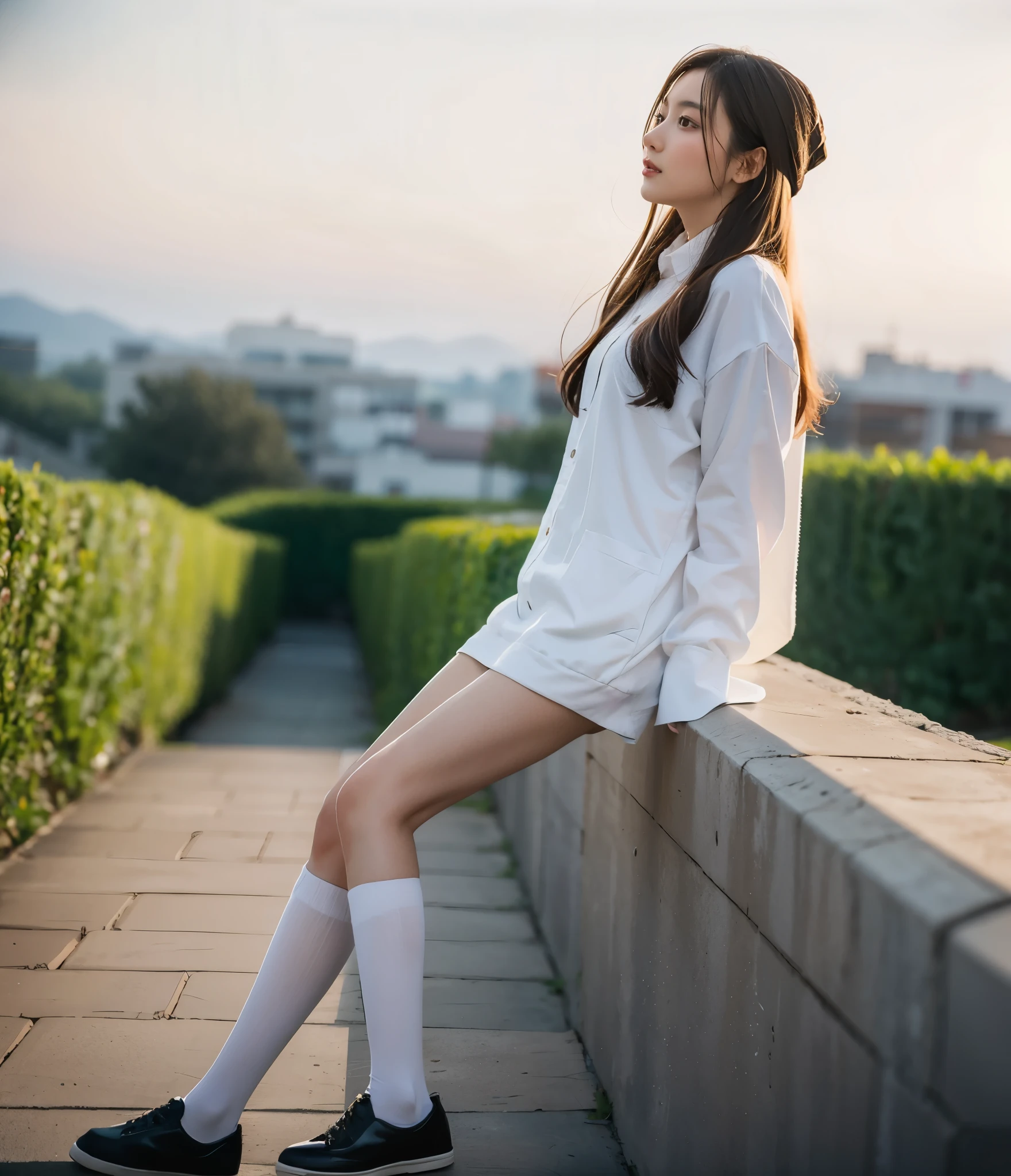 (Photoreal: 1.4), (Hyperrealistic: 1.4), (Realistic: 1.3), (Smooth Lighting: 1.05), (Improved cinematic lighting quality: 0.9), 32K, 1 female, 24 year old business woman, squatting on her knees, Realistic lighting, Backlight, Face lights, Ray Tracking, (Bright light: 1.2), ( Quality improvement: 1.4), (highest quality realistic texture skin: 1.4), fine detailed eyes, detailed face, fine quality eyes, dark brown eyes, (tired, sleepy and satisfied: 0.0), white blouse, dark blue tight skirt with slit on the side without body fitting ornament, dark brown hair, pure white silk socks, black strap pumps, light indoor white wall background