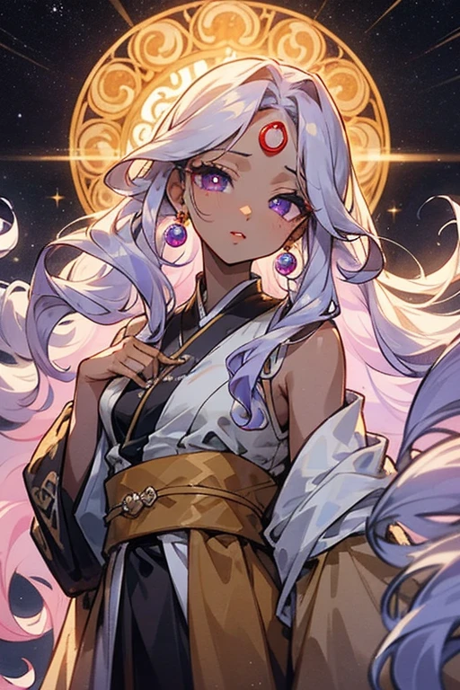 dark skinned girl, white long straight hair, goth dark dress with gold, blue eyes, very detailed, dynamic angle, cowboyshot, (most beautiful form chaos), flowing, (bright colors), oc, (half: 1.2), (thangka flying sky: 1.5), (ribbon: 1.3), (dream: 1.5), (hanfu: 1.5), moon