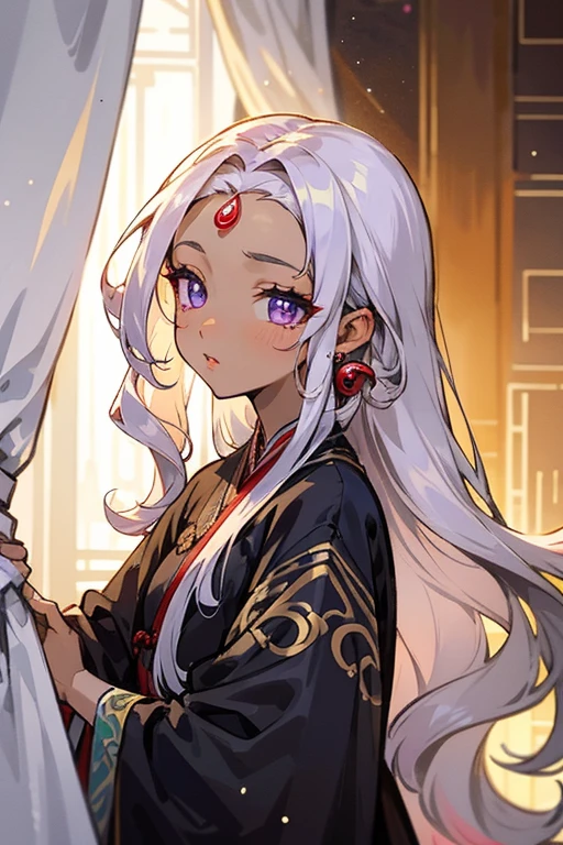 1 20-year-old black female, brown skin, caramel-tan skin, 3b/4a long really curly white hair, curly white hair, open forehead, curly small hairs framing face, curtain wispy curly Korean-inspired bangs, purple eyes, delicate and smart eyes, starry pupils, intricate damask hanfu, gorgeous accessories, wearing pearl earrings, full lips