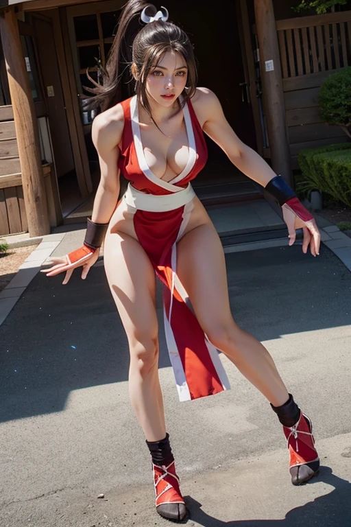 (mai shiranui:1.5), (tabi:1.7), (Full body portrait:1.7), (Realism), (master piece:1.5), (Best Quality), (ultra-detailliert), (8K, 4K, Convoluted), (Flat Lighting:1.2), (skinny), Prestige, Brown eyes, Long hair, brown eyes, long hair, brown hair, white ribbon, sleeveless, ponytail, sash, pelvic curtain, arm guards, gloves, tabi, fascinated expression, Sexy eyes, slim, medium breasts, Smile, Cute, view the viewer, Long hair, Close to Japan temple, (breasts focus:1.2), (Realistic:1.2), light Particle, Lighting, (Highly detailed:1.2), (Detailed face:1.2), (gradients), SFV, Colorful, (Detailed eyes:1.2), Detailed temples of Japan, Detailed background, (Dynamic Angle:1.2), Dynamic Pose, (Line of action:1.2), Wide Shot, Daylight, Solo.