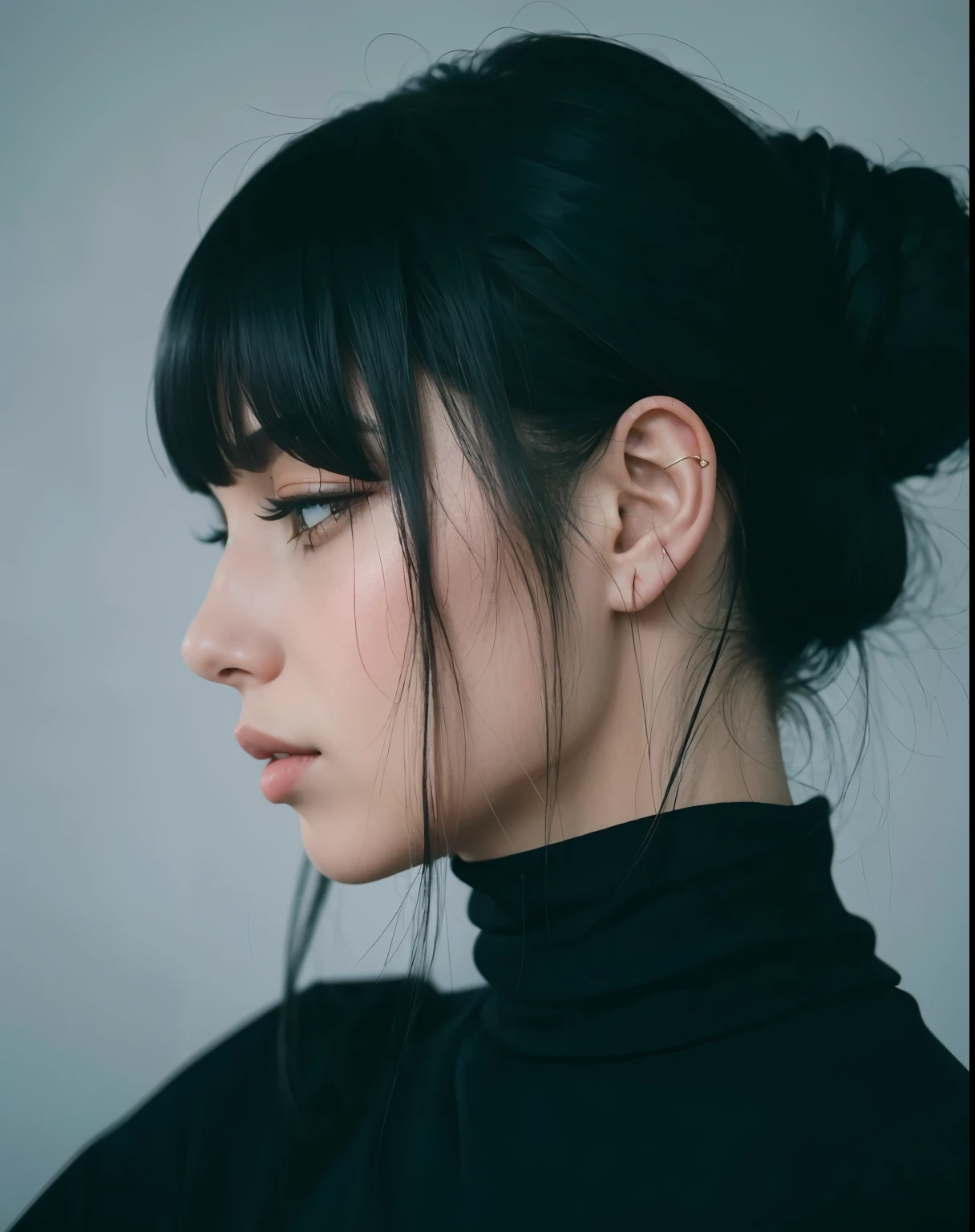 A closeup of a woman in a black turtle neck top, she has black hair com franja, neat hair com franja, cabelo preto com franja, corte de cabelo preto hime, sui ishida com cabelo preto, com franja completa, franja preta, com franja, Yoshitomo Nara, chiho, long black hair com franja