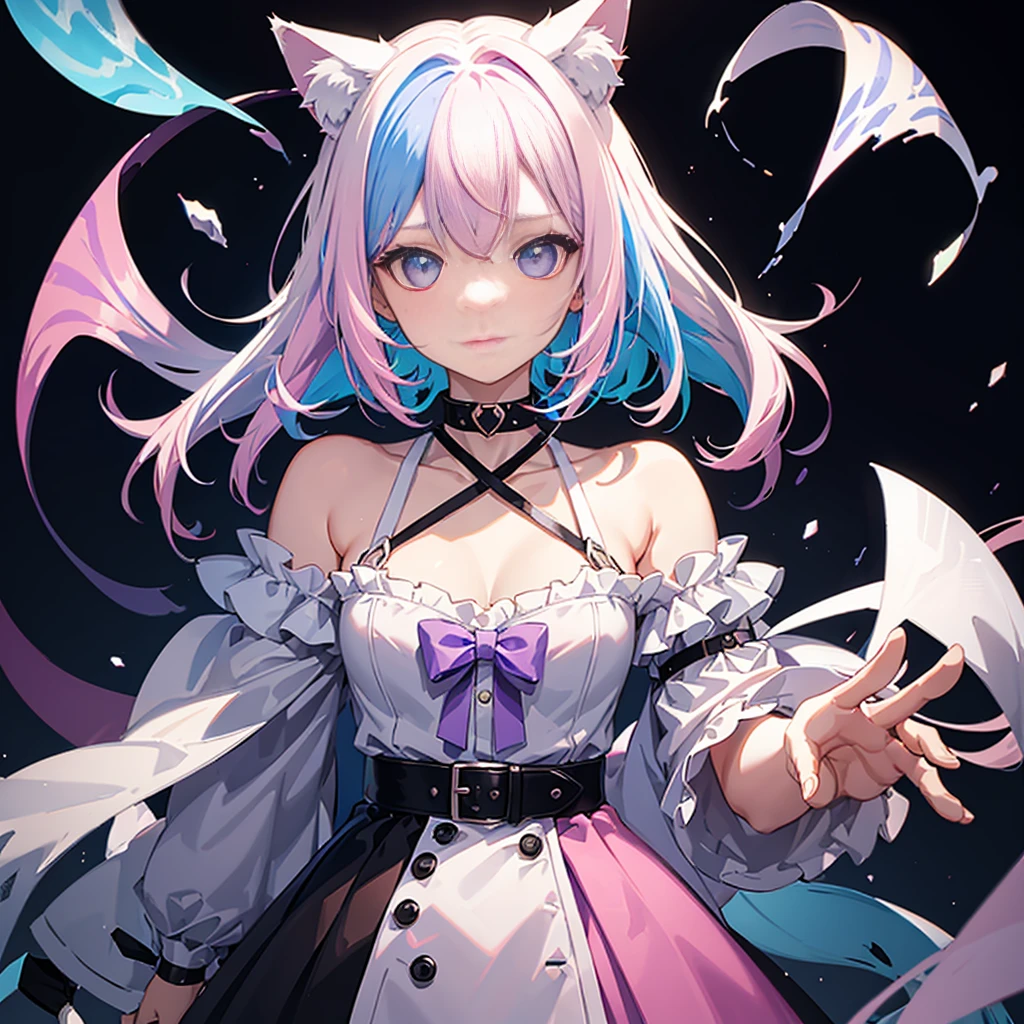 Cat Ear Girl, white hair,pink purple and blue hair streaks, multicolor hair, blue eyes, big , sad expression, no visable hands, black choker, no human ears visable