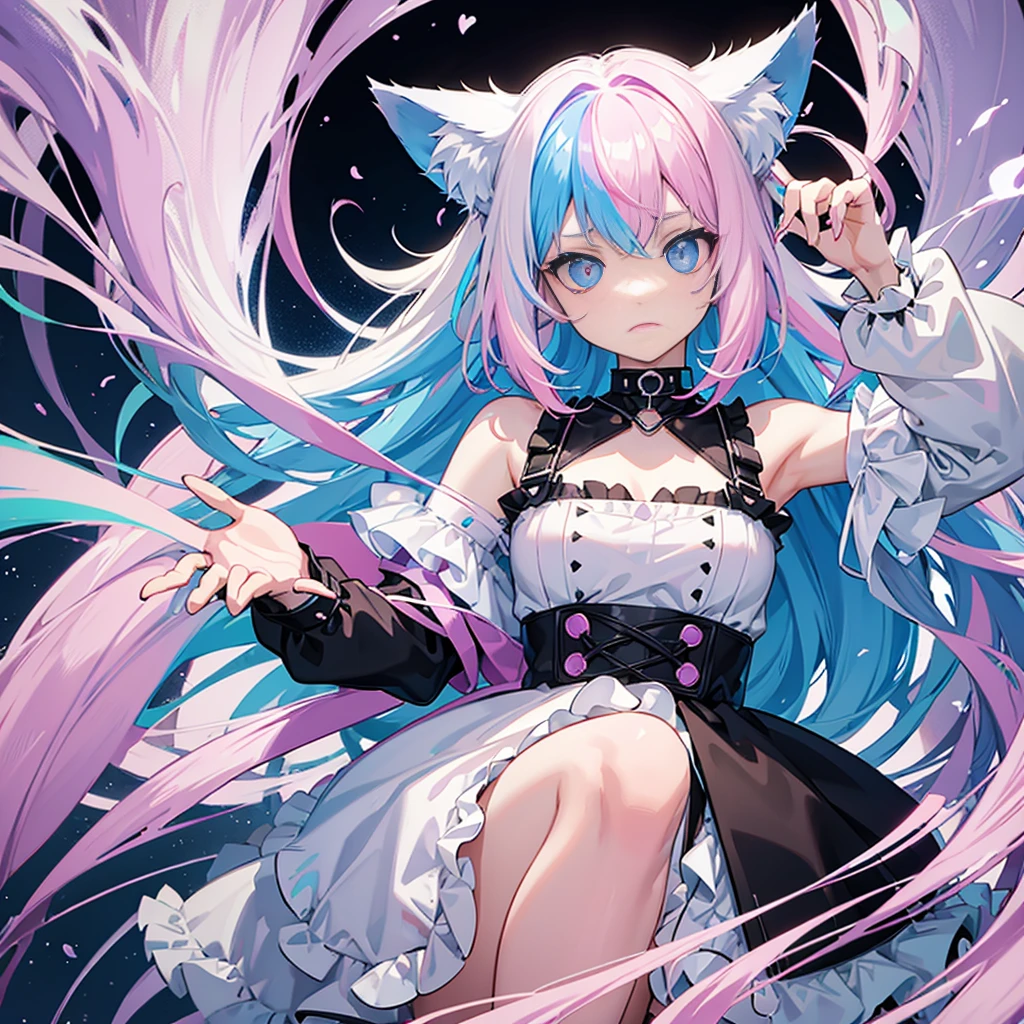 Cat Ear Girl, white hair,pink purple and blue hair streaks, multicolor hair, blue eyes, big , sad expression, no visable hands, black choker, no human ears visable