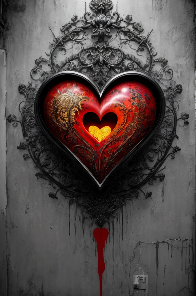 Graffiti art, a large painting of beating heart on the wall, surreal, fantasy art, enhance, intricate, (best quality, masterpiece, Representative work, official art, Professional, 8k)