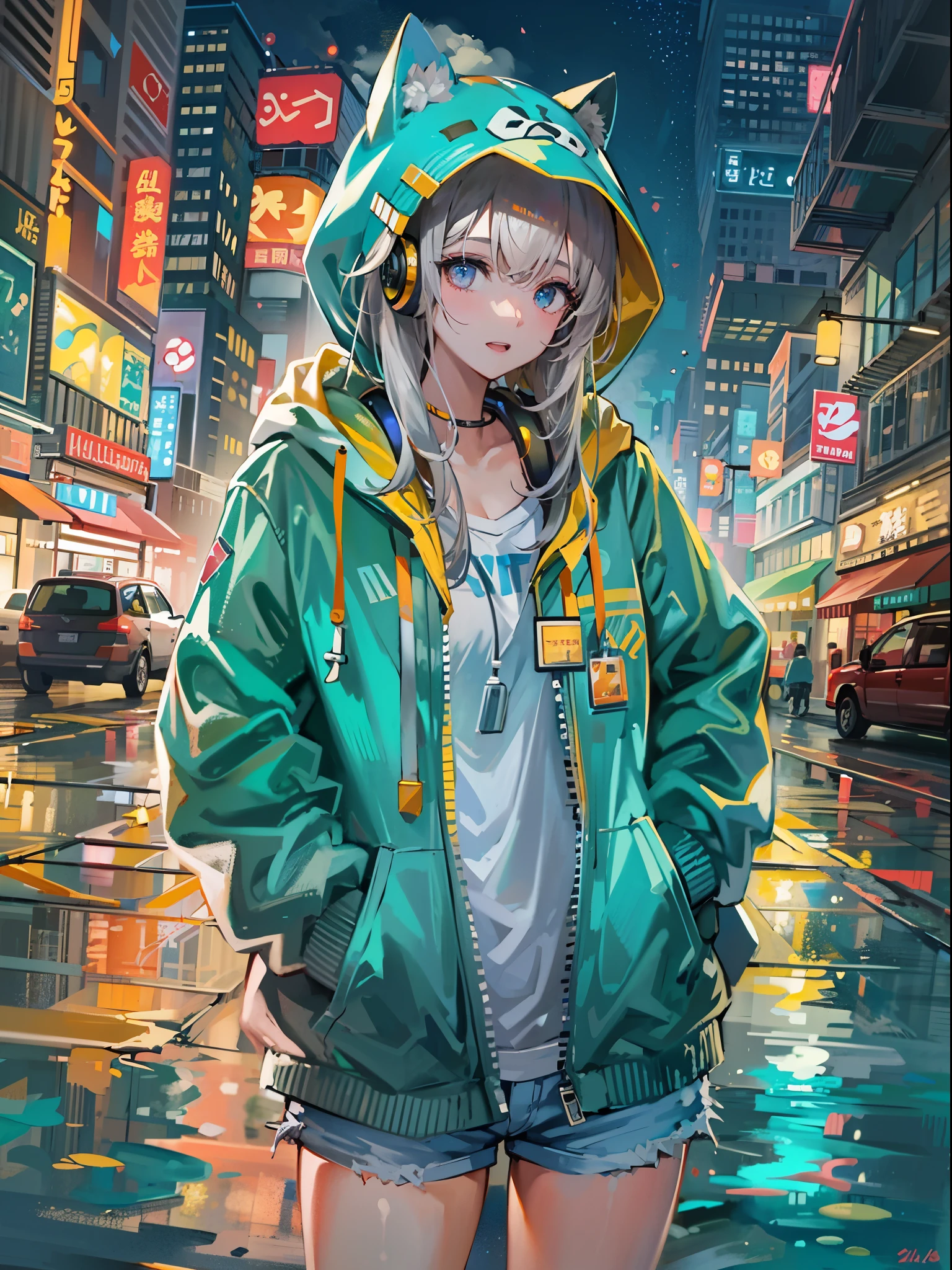 8K分辨率、((top-quality))、((masterpiece))、((ultra-detailliert))、1 woman、独奏、incredibly absurdness、Oversized hoodies、headphones、Street、plein air、Sateen、neons、Shortcut Hair、Brightly colored eyes、Hands in pockets、shortpants、water dripping