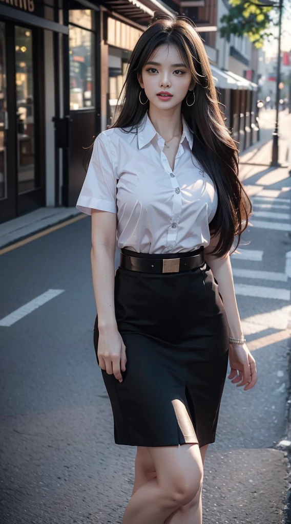 ผู้หญิงญี่ปุ่นที่charming, charming, charmingน่าหลงใหล, black hair, I&#39;m is scanning in the middle., long hair long hairมาก, long hairตรง, long hair, Strong wind., Birds&#39;The eyes of a beautiful woman, The textures are realistic.., elegant, big , dynamic gesture, big , white short sleeve shirt, The shirt is thin and the skin is visible.., The chest is clearly visible.., You will see the breasts.., จะเห็Birdsองนม., short black pencil skirt, short black pencil skirt, black leather skirt, belt, Symmetrical shape, Sexy Body, The heels are completely black., earring, Put on a watch, full body photo, Look at every part of the body., university backdrop