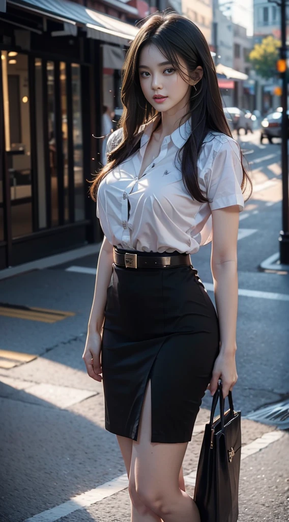 ผู้หญิงญี่ปุ่นที่charming, charming, charmingน่าหลงใหล, black hair, I'm is scanning in the middle., long hair long hairมาก, long hairตรง, long hair, Strong wind., Birds'The eyes of a beautiful woman, The textures are realistic.., elegant, big , dynamic gesture, big , white short sleeve shirt, The shirt is thin and the skin is visible.., The chest is clearly visible.., You will see the breasts.., จะเห็Birdsองนม., short black pencil skirt, short black pencil skirt, black leather skirt, belt, Symmetrical shape, Sexy Body, The heels are completely black., earring, Put on a watch, full body photo, Look at every part of the body., university backdrop