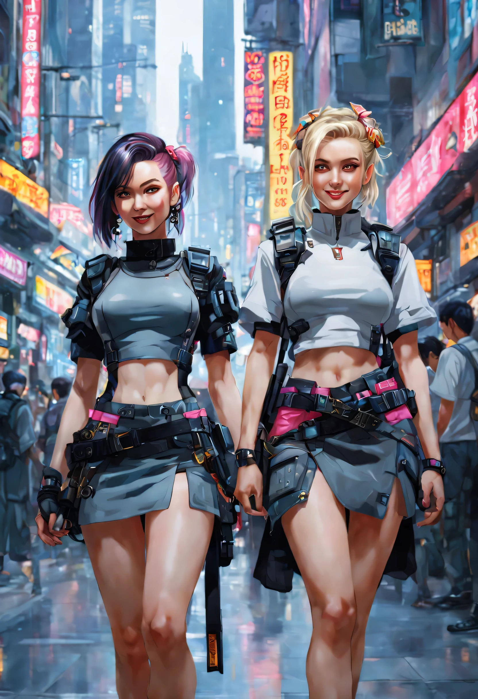 masterpiece, best quality, ((smiling)) cyberpunk girls standing, having grey and grey uniform and black long skirt, Harajuku-inspired cyberpunk body harness, bold colors and patterns, eye-catching accessories, trendy and innovative hairstyle with baroque influence, dazzling Cyberpunk cityscape, skyscrapers, glowing neon signs, LED lights, anime illustration, detailed skin texture, detailed cloth texture, beautiful detailed face, intricate details, ultra detailed, cinematic lighting, strong contrast.