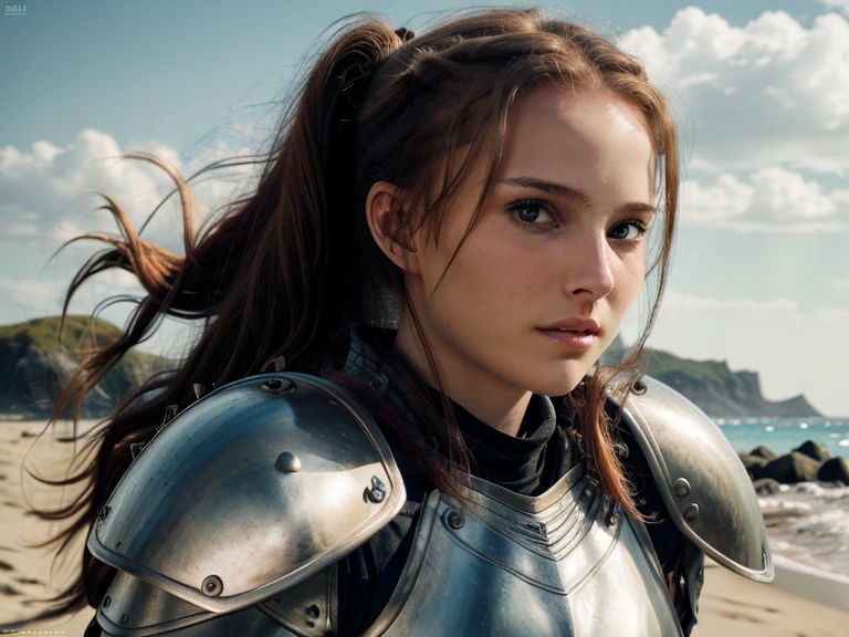 norwegian girl ,Red-haired ponytail, dusty face, wearing leather armor, against the background of a sandy beach, sword in hands, Wind, photorealism, sharp focus, Realistic facial skin, oppressive atmosphere,View,erotic face、medieval female knight、Beautiful 14 year old girl、Hazel Eyes、full body photo、Beautiful girl wearing white sarouel pants、