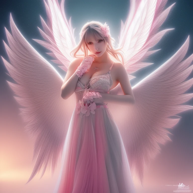(absurd, High resolution, Super detailed), 1 girl, alone, very fine eyes, (official art, beauty and aesthetic: 1.2), (fractal art: 1.3), White-pink color scheme, most detailed angel　goddess　large wings　God　Goraiko