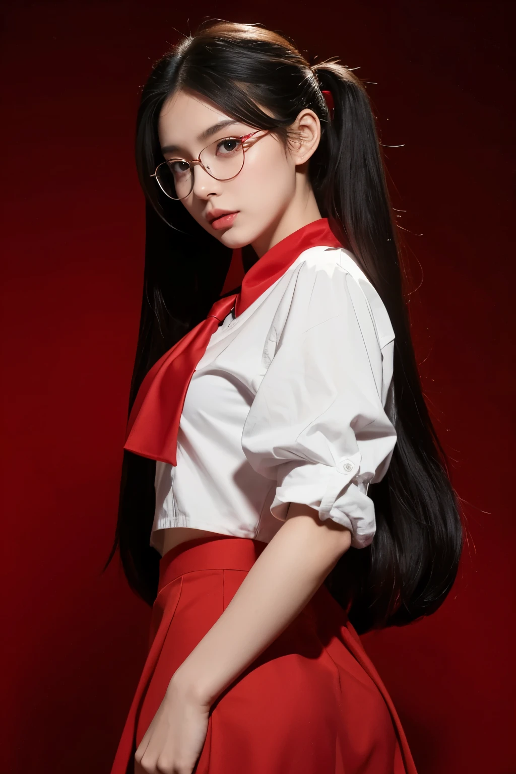 masterpiece,glasses, school, Best quality at best, high qulity, OLGA_mary, black hair, twintail hair, hair between eye, red ascot, red skirt, Very long hair, cow boy shot, black background, red light rim