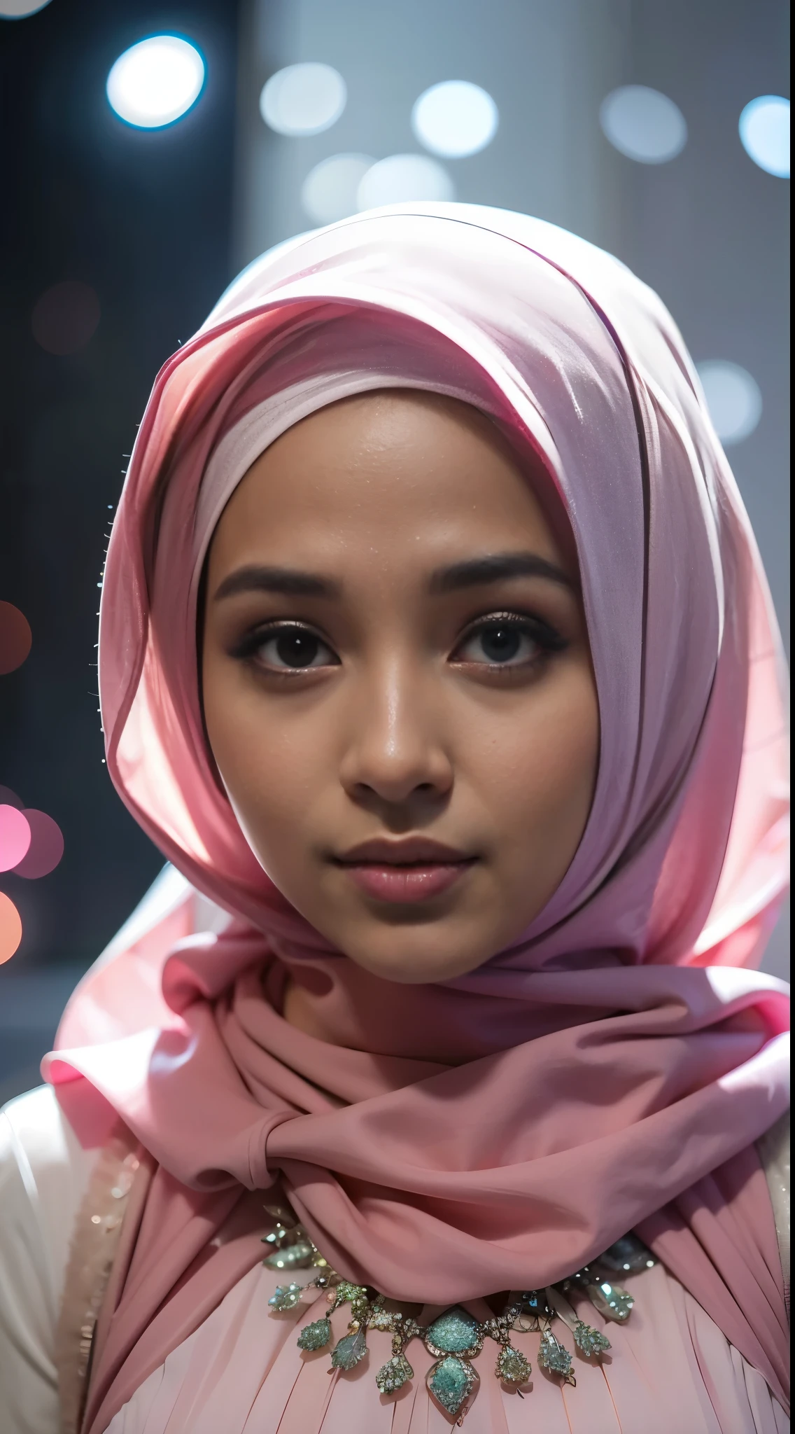 1 Malay girl, modern plain hijab, shy, medium portrait, watery eyes, pink glowing particles, wearing a wedding dress covering the entire chest, big breasts, pink light bokeh background, well-proportioned body,