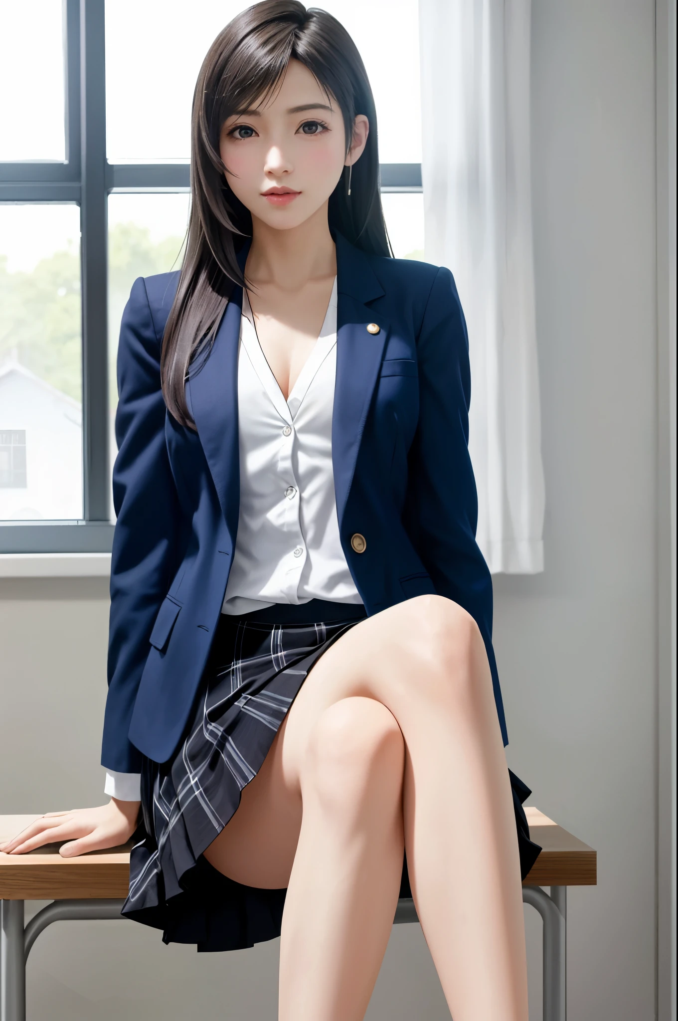 (top quality, masutepiece: 1.1), (Realistic: 1.3),(photoRealistic: 1.3), BREAK (((FF7,Tifa_lockhart))),(solo,Tifa:1.2),(japanese ,high school student,blue Blazer,  Plaid pleated skirt:1.5,button-down white shirt:1.3,red tie) ,(autumn,high school ,classroom,sitting desk, indoor),(cool pose:1.3),Ultra-detailed face:1.3, Detailed eyes,Red eyes, BREAK (((FF7,Tifa_lockhart))),(light brown hair, Large breasts: 1.0), BREAK  About 18 years old,kawaii,zettai_ryouiki:1.1,cowboy shot,beautiful legs,have nice legs,legs focus,no makeup