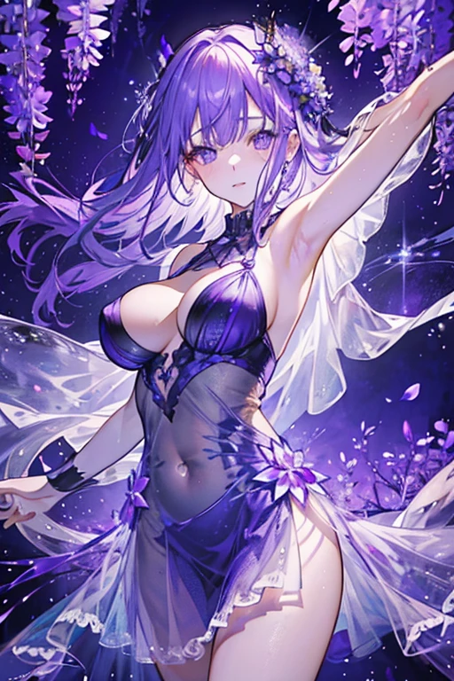 {{{{masterpiece}}}}, {{{super detailed}}}, {{{High resolution}}}, {{excellent anatomy}}, (((highest quality))), ((very delicate and beautiful)), {{very detailed and delicate}}, {8k cg wallpaper},((detailed background))One female、best style、beautiful woman、The most beautiful woman in the world、Purple flowers are blooming on the purple lake surface, soft purple glow, Purple light, (purple wisteria forest), wisteria season, art, shining purple, Purple petals are dancing everywhere、 The blossoming path to heaven, purple glow、Purple water、purple reflective water surface、purple light、(Sexy sheer dress:1.5),((big breasts))、show through、waterside and wisteria、Detailed design、beautiful design、sexy pose、Sheer skin、shape of nipple