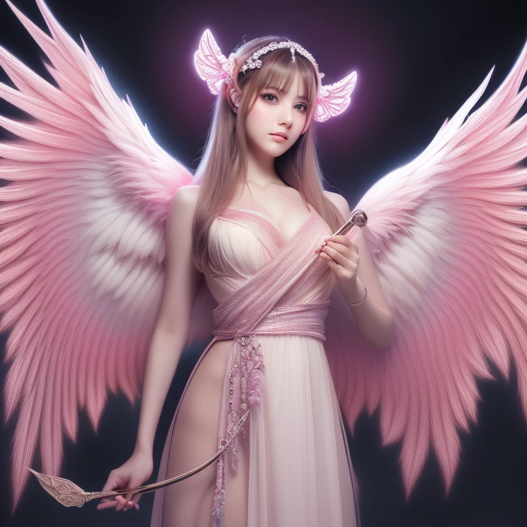 (absurd, High resolution, Super detailed), 1 girl, alone, very fine eyes, (official art, beauty and aesthetic: 1.2), (fractal art: 1.3), White-pink color scheme, most detailed angel　goddess　large wings　God　Goraiko　Omniscient and omnipotent　Holding a wand　wizard