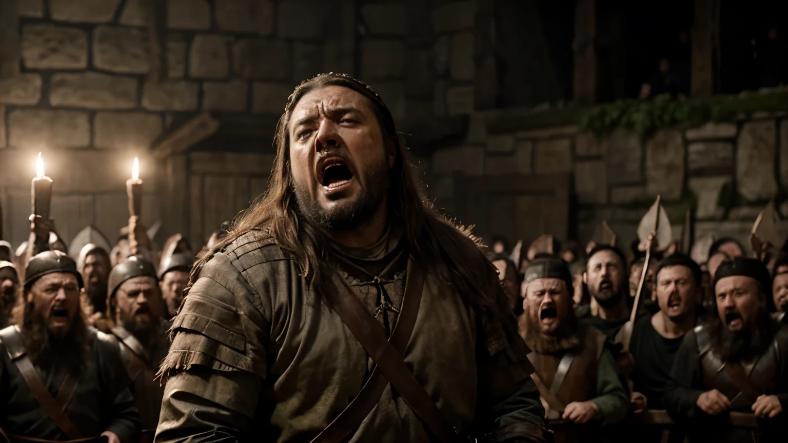king aelle screaming in despair as he is caught by the viking army