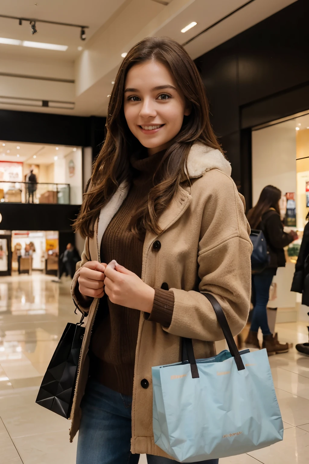 a 25 year old girl, brown hair , warm clothes , in a mall ,caring shopping bags ,background , kindly smiling ,selfie photo, realistic , ultra realistic, good quality , ultra quality, detailed