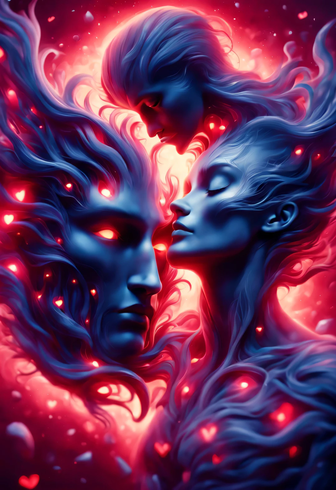 （Man giving woman huge glowing red heart），（Floating huge huge heart），（There is a beautiful eye in the red heart），（Clear anatomy，A heart glowing red beats in the center of the picture.：0.6），（Tom Hardy and Audrey Hepburn）（A man and a woman hugging each other face to face，Sharing a huge heart），Black light art，sharp focus，Toned muscles，Background human upper body muscles， fantasy，Reality，cartoon，3d rendering，super fine, Eighth Route Walker, Behavioral Contest Winners, vanity, trumpet, modern, 超Reality主义