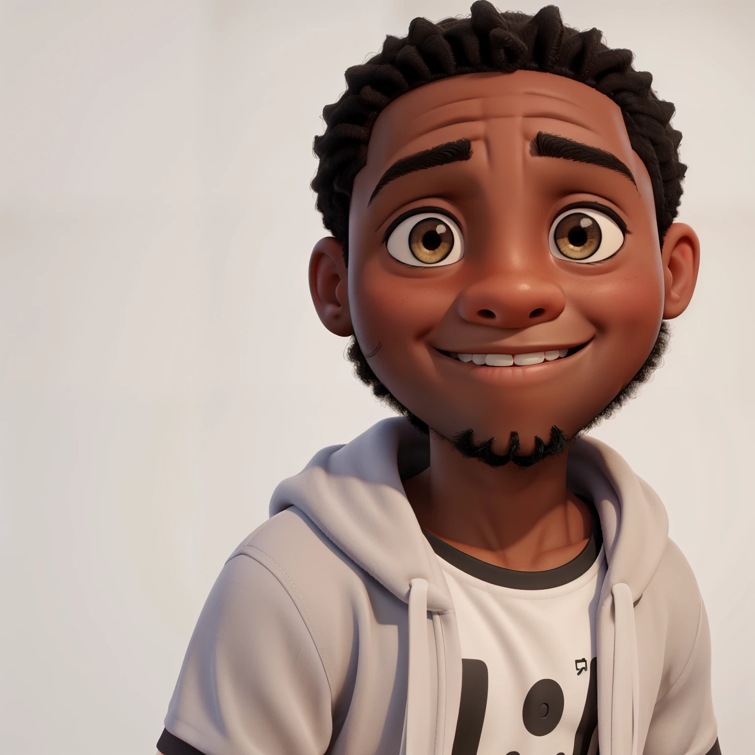 A black boy, 10 years old, medium-sized black eyes, almost shaved black hair, he is a little overweight, smiling discreetly.