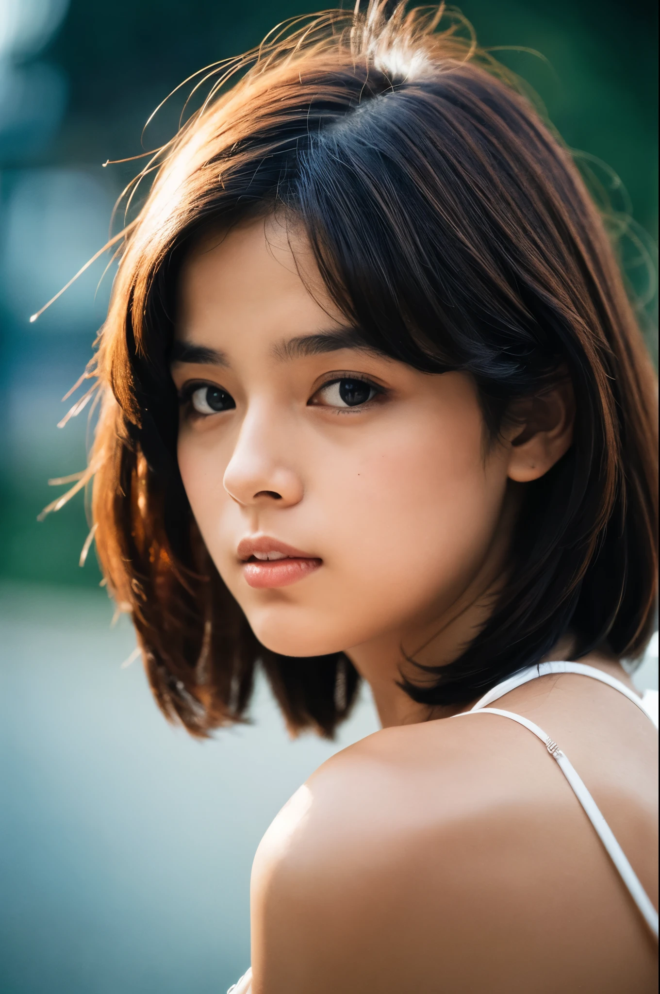movie, film portrait photography, 1 girl, bare shoulders, wavy shoulder-length hair, calm, Calm, (realistic detailed eyes, natural skin texture, realistic facial details), soft and dramatic lighting, Depth of bounds written, Bokeh, vivid details, in detail, surreal, 35mm film, hazy blur