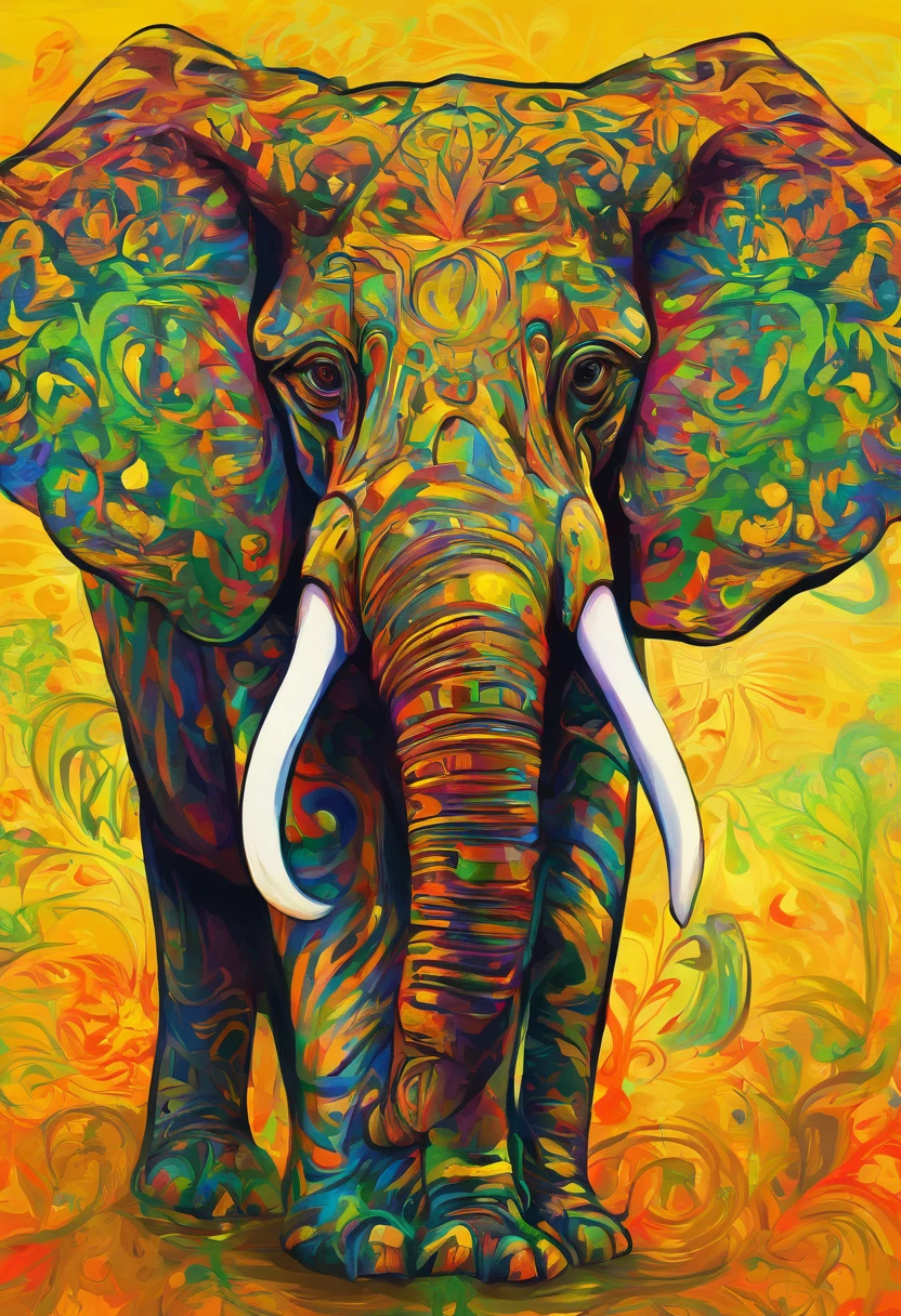 Realistic elephant, fine skin texture, huge body, long curved fangs, expressive eyes, Elegant movement, Bright colors, in the shade of a tree, standing in a green meadow, Golden yellow background