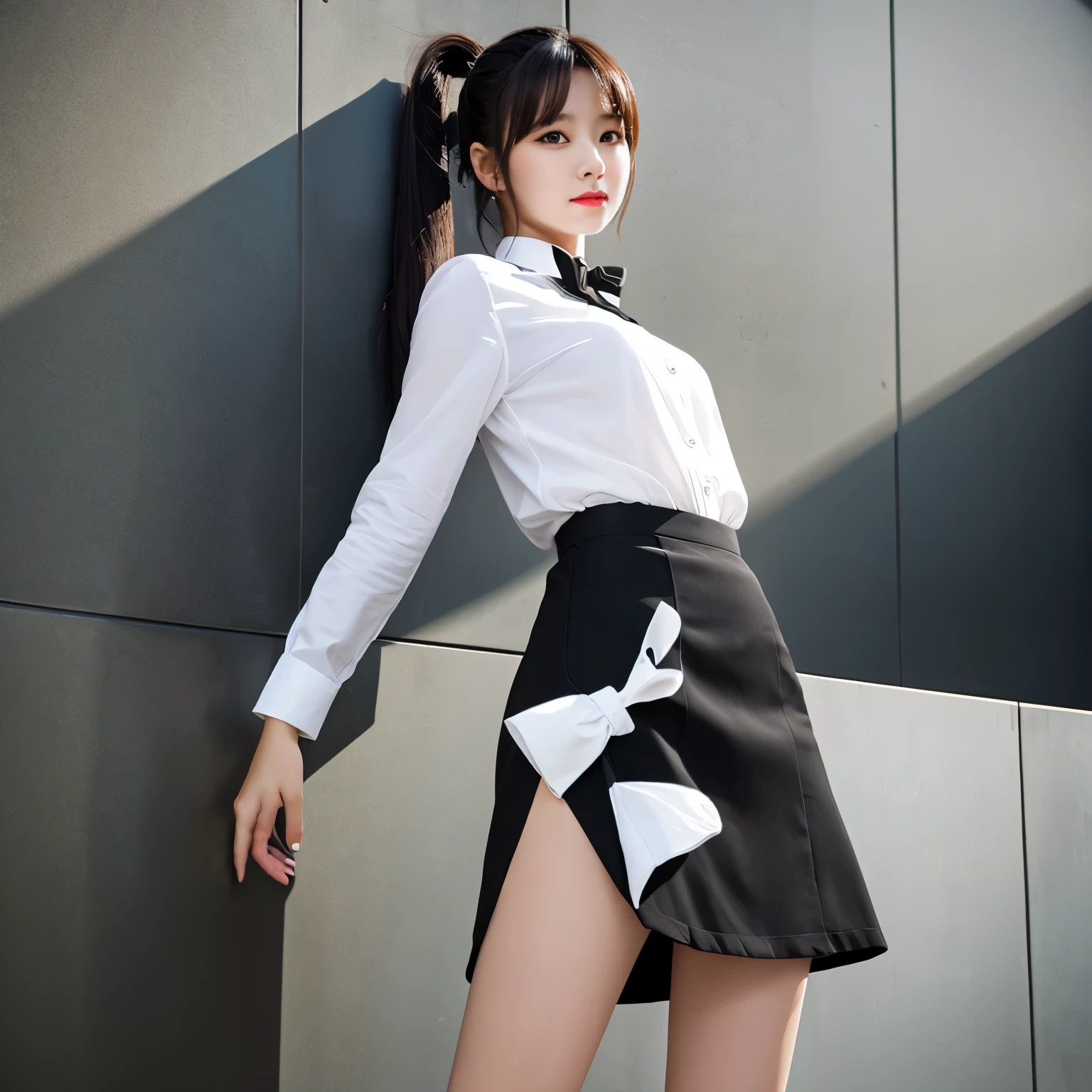 masterpiece, High resolution, high quality, very detailed, black mini skirt, black ribbon, white shirt,