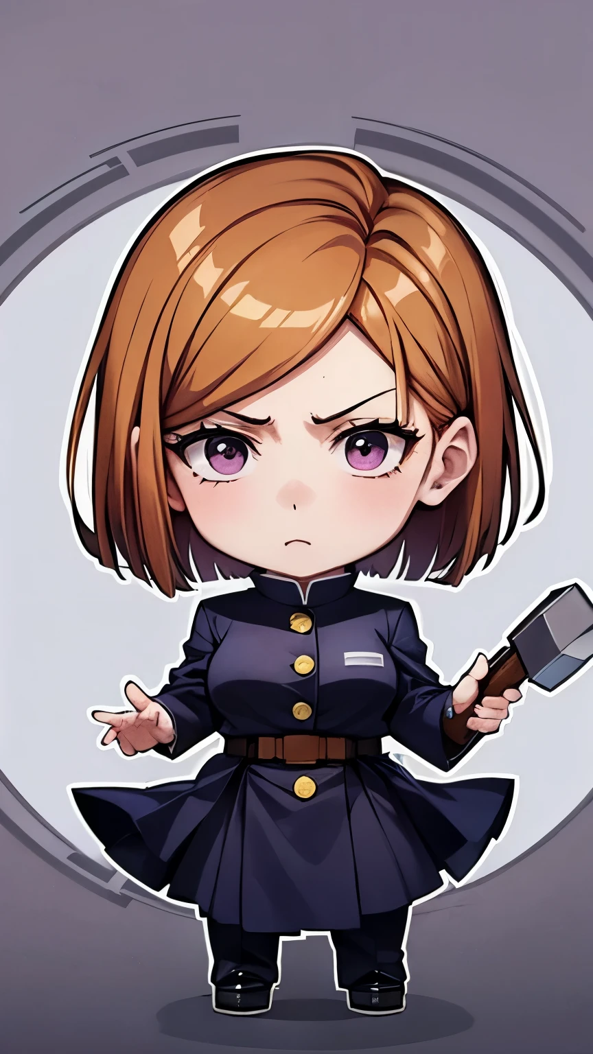 Chibi character pixel art, ((nobara kugisaki)), 1 girl with short brown hair, wear dress, holding hammer, Chibi style, high quality pixel art, Gege Akutami, photography, beautiful, colorful,realistic, masterpieces, top quality, best quality, official art, beautiful and aesthetic.