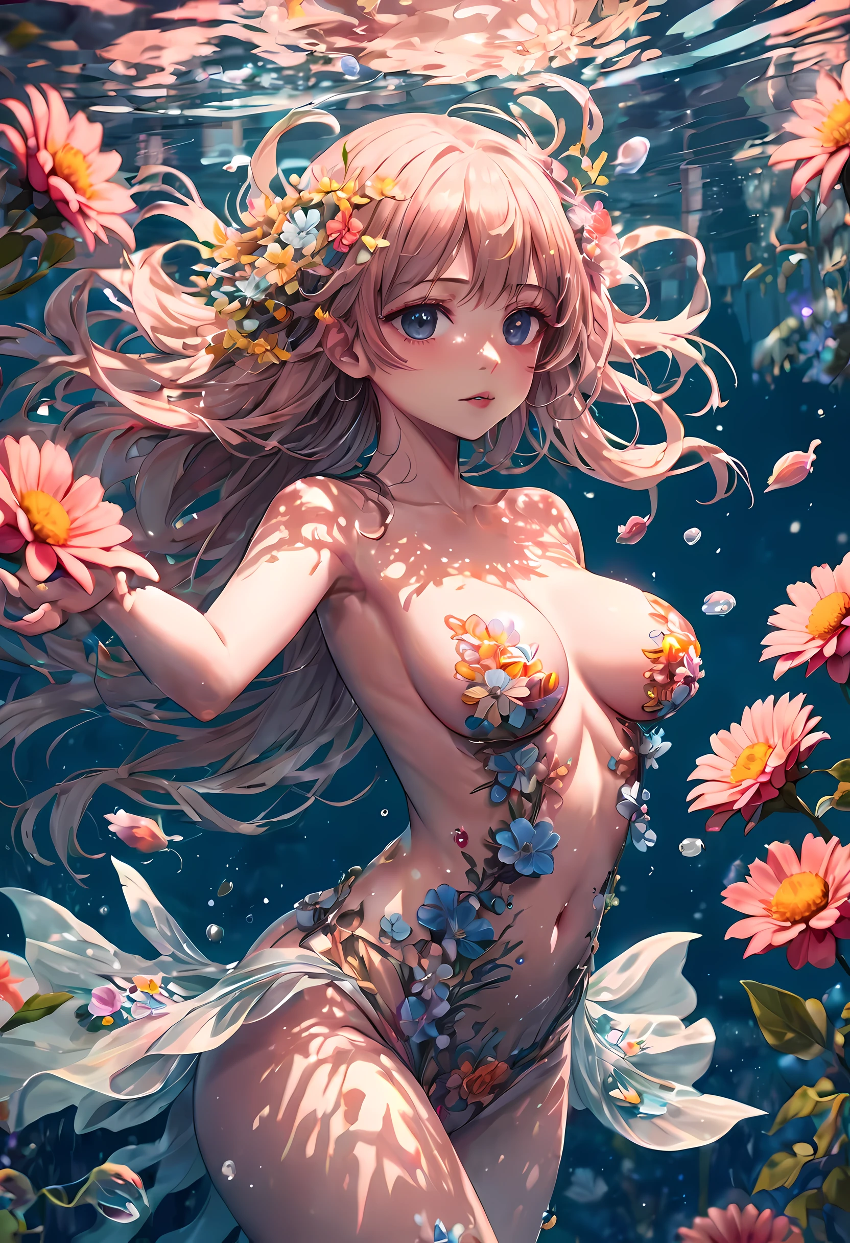 Extremely detailed anime fantasy art,girl holding flowers underwater,Ethereal anime illustration,(Flowers cover the body),(Sexy:1.3),Good to be naked,medium shot,((SFW))