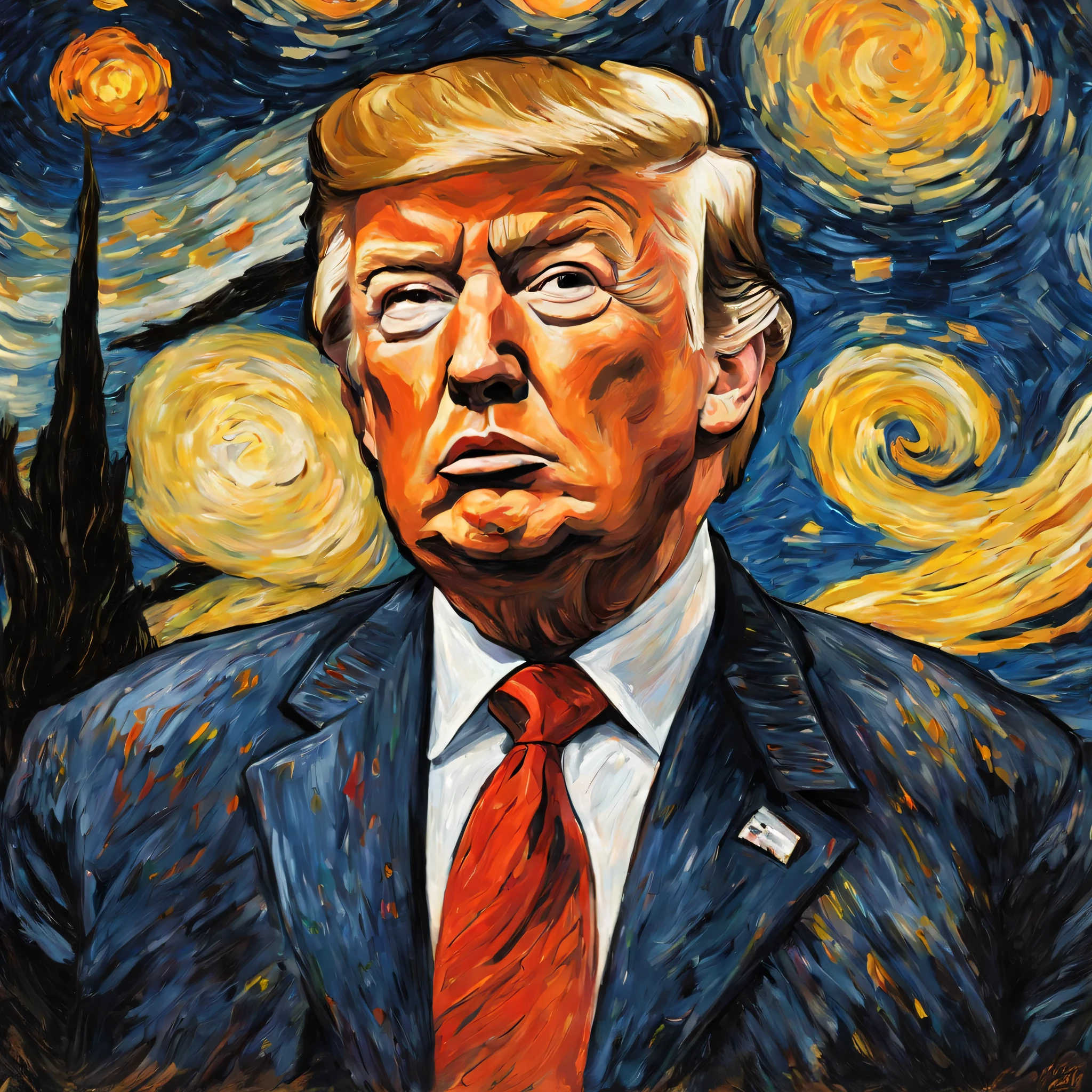 oil painting artwork by van gogh, starry night, portrait in profile of Donald Trump, coarse brush strokes