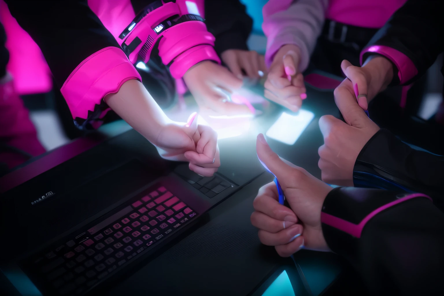 several people are holding their hands together in a circle, giving a thumbs up, giving the thumbs up, integrating with technology, thumbs up, high quality image, doing a thumb up, collaborative, high-quality photo, hands with five fingers, high quality photo, carefully designed, on a dark background, high picture quality, high quality picture, collaboration, lower quality,Cyberpunk with neon lights