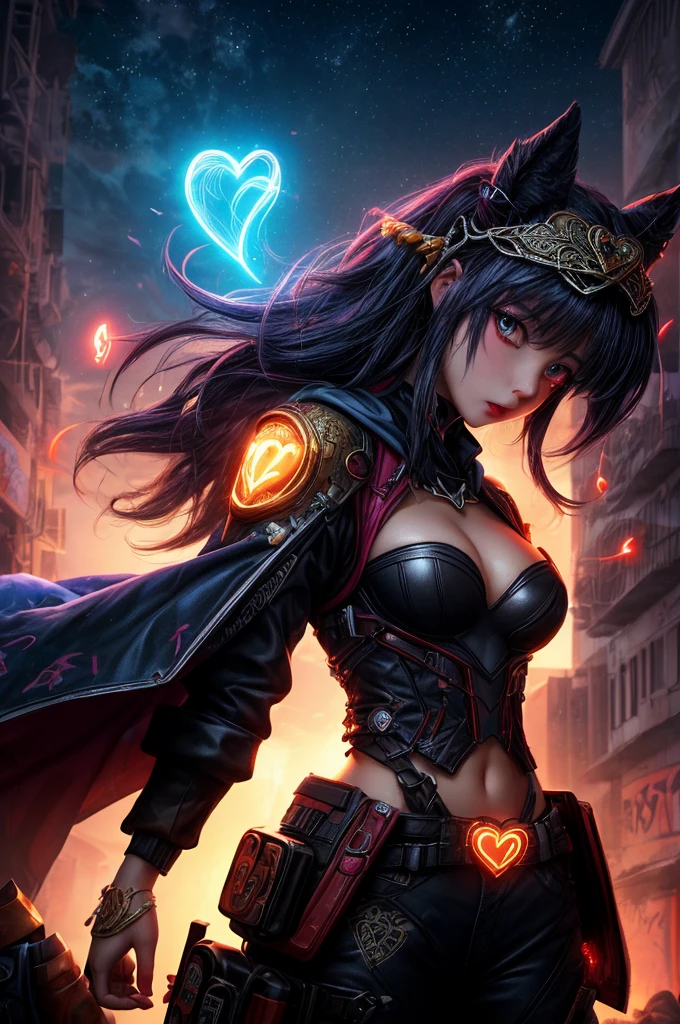 Glowing Hearts on the Graffiti sky, flashing Heart, high saturation, fantasy art, enhance, intricate, (best quality, masterpiece, Representative work, official art, Professional, 8k)
