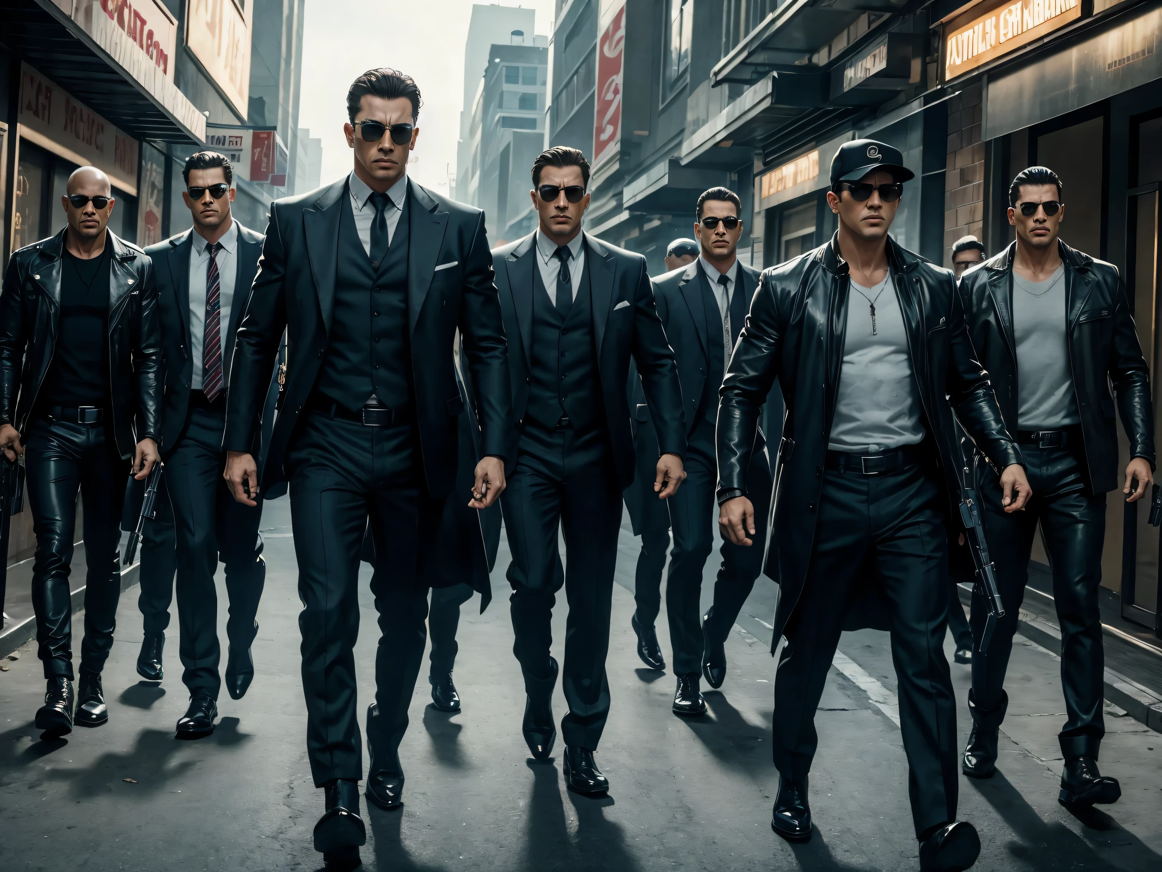 action film poster, eight men, cool composition, armed, wearing cool clothes, handsome guy