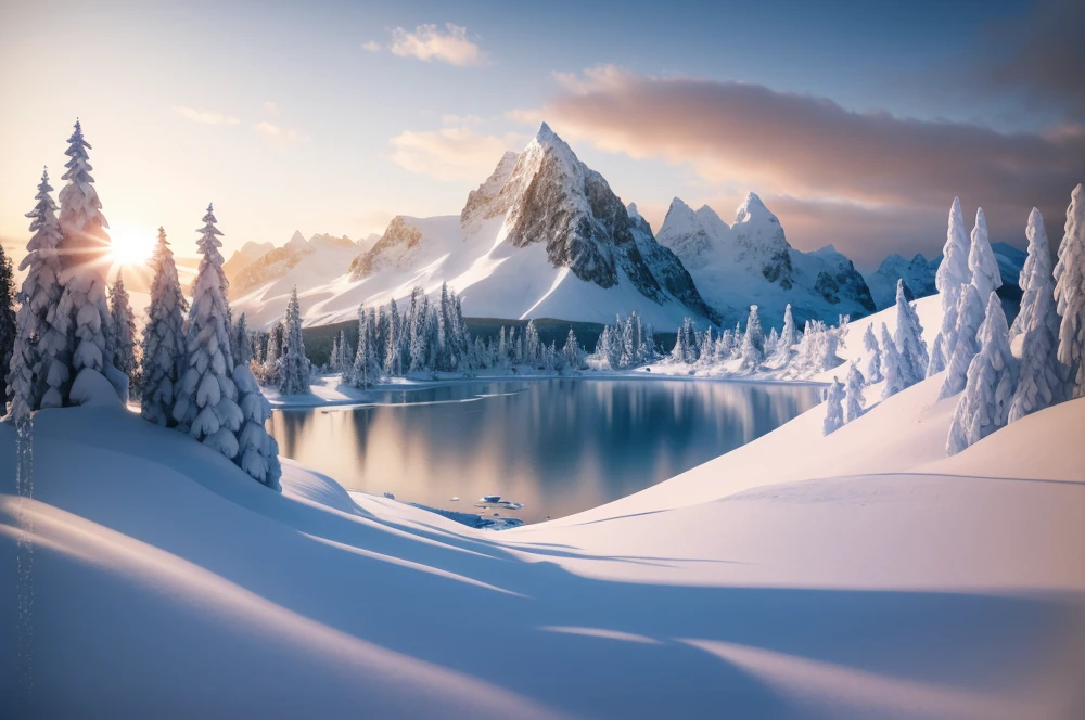 snowy mountain scene with lake and trees in foreground, beautiful snowy landscape, snowy mountain landscape, mystic winter landscape, epic beautiful landscape, impressive fantasy landscape, winter landscape, majestic snowy mountains, surreal frozen landscape, amazing landscape, 8k 4k, 8 k 4 k, natural landscape beauty, snowy landscape, beautifully lit landscape, 4k, 4 k, beautiful dreamy landscape