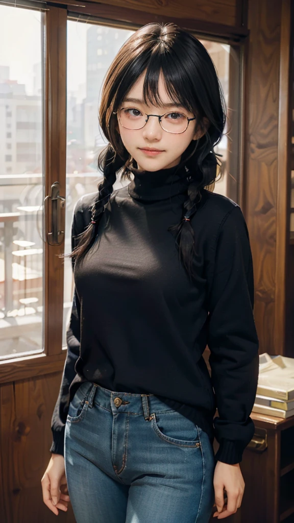 masterpiece,highest quality,one woman,Japanese people in their 20s,(black hair,very short hair,two braids,curly hair),(thick eyebrows,dark eyebrows,double eyelid,droopy eyes,thick lips),(smile,shy smile,open your mouth and laugh), (glasses,縁が薄いglasses,小さいglasses,レンズが小さいglasses,square lens),(wheat-colored skin,I cup breasts,Slightly plump body type),(jacket:long beige coat,inside:long black turtleneck sweater,pants:dark blue long jeans,brown shoes),Are standing,The background is an office,(face directly toward the camera,looking directly at the viewer,looking at the camera,The whole body is facing towards the viewer.,whole body facing towards the camera,face looks straight into the camera).